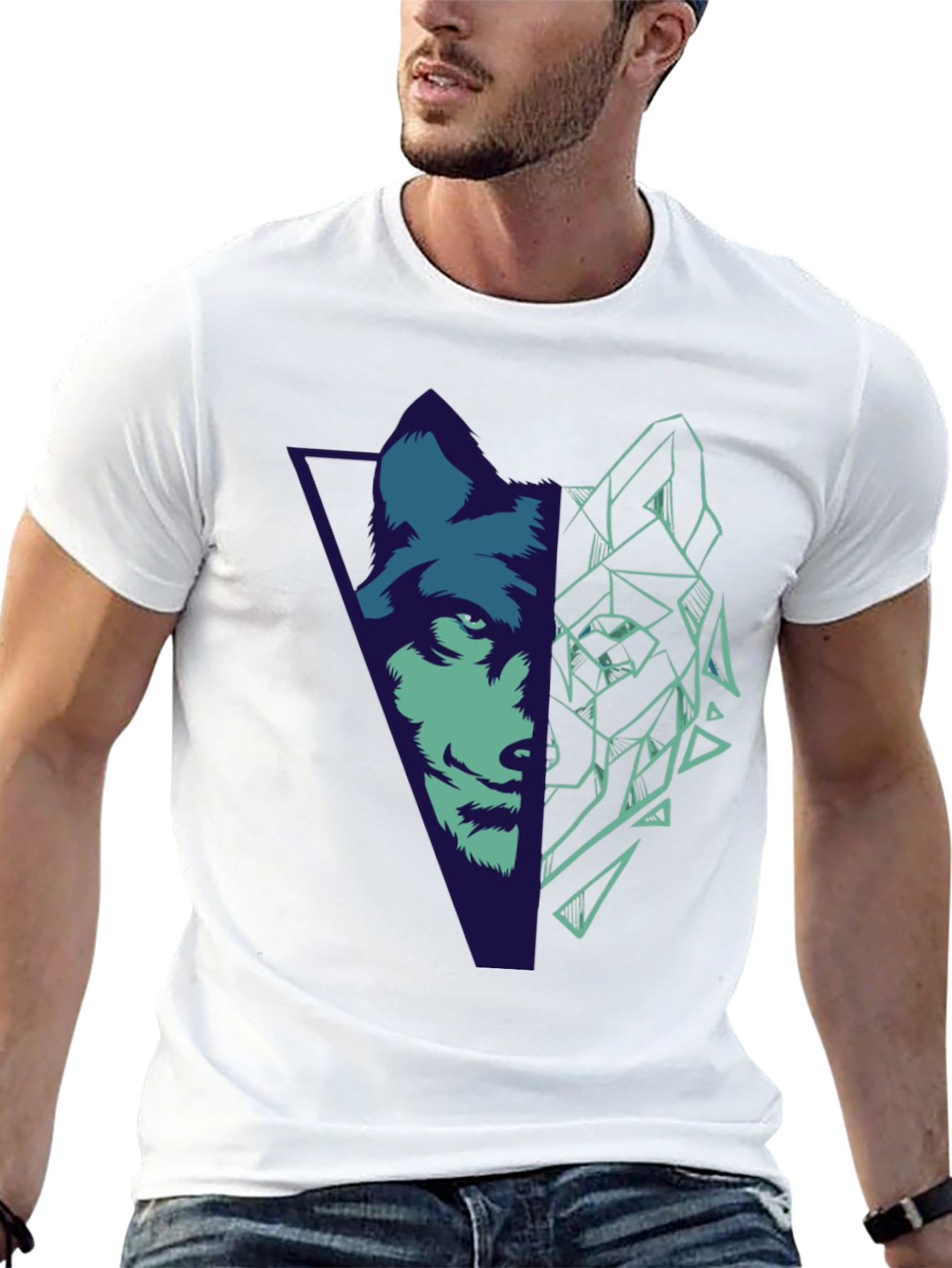 Geometric Wolf Graphic Print Black T-Shirt