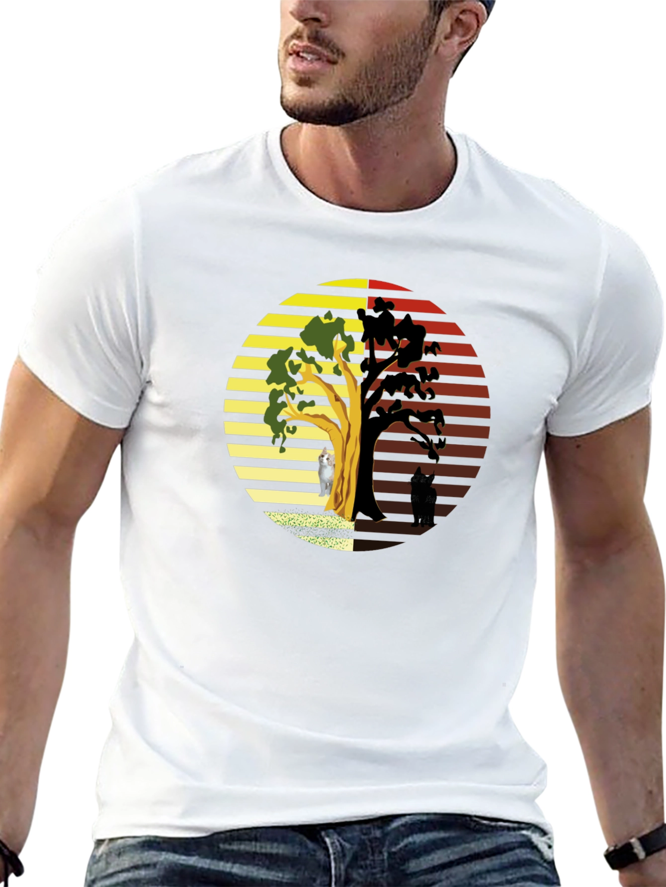 Yin Yang Cat Tree Black T-Shirt
