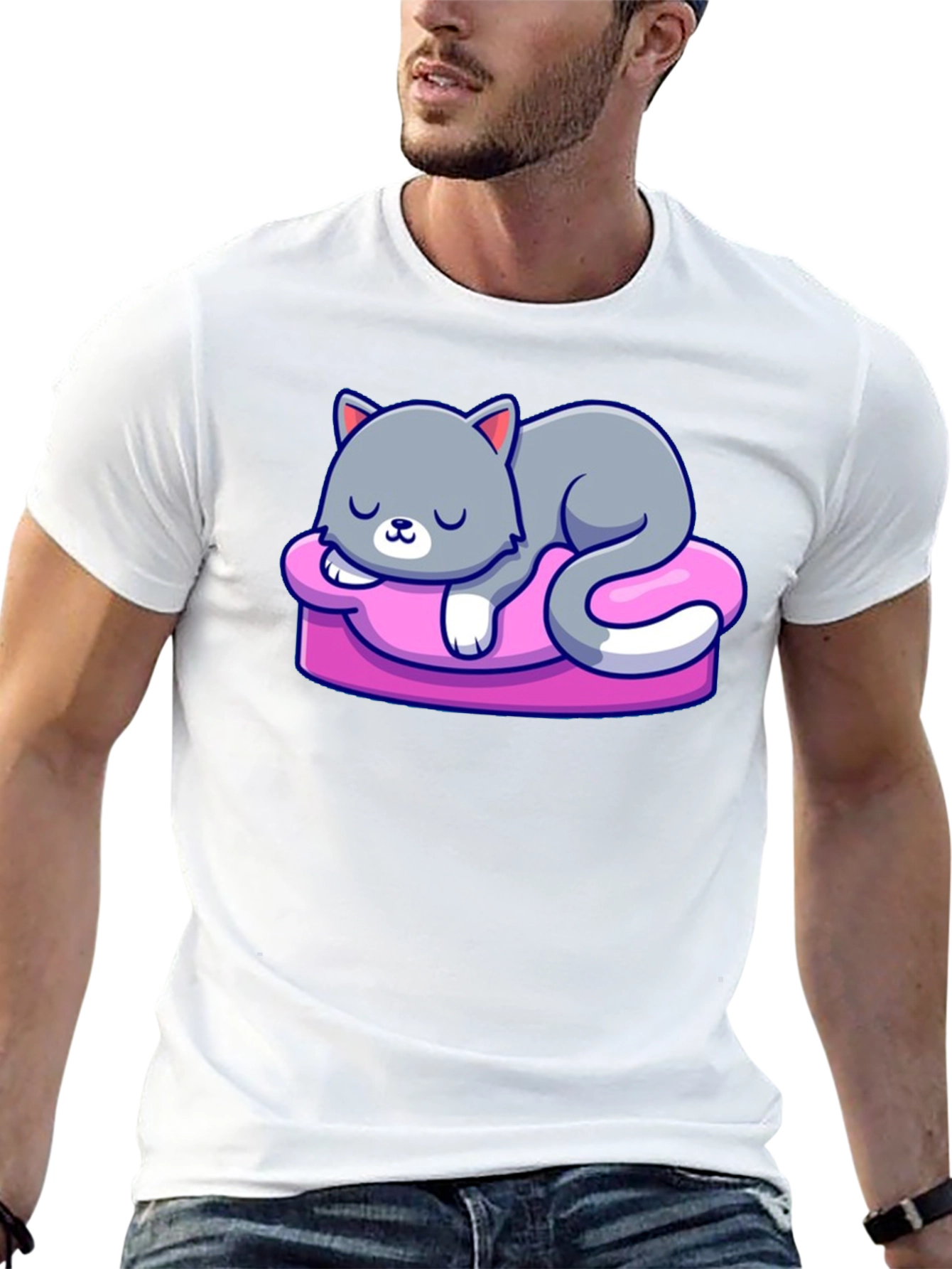 Cute Cat Sleeping on Pillow Graphic Tee