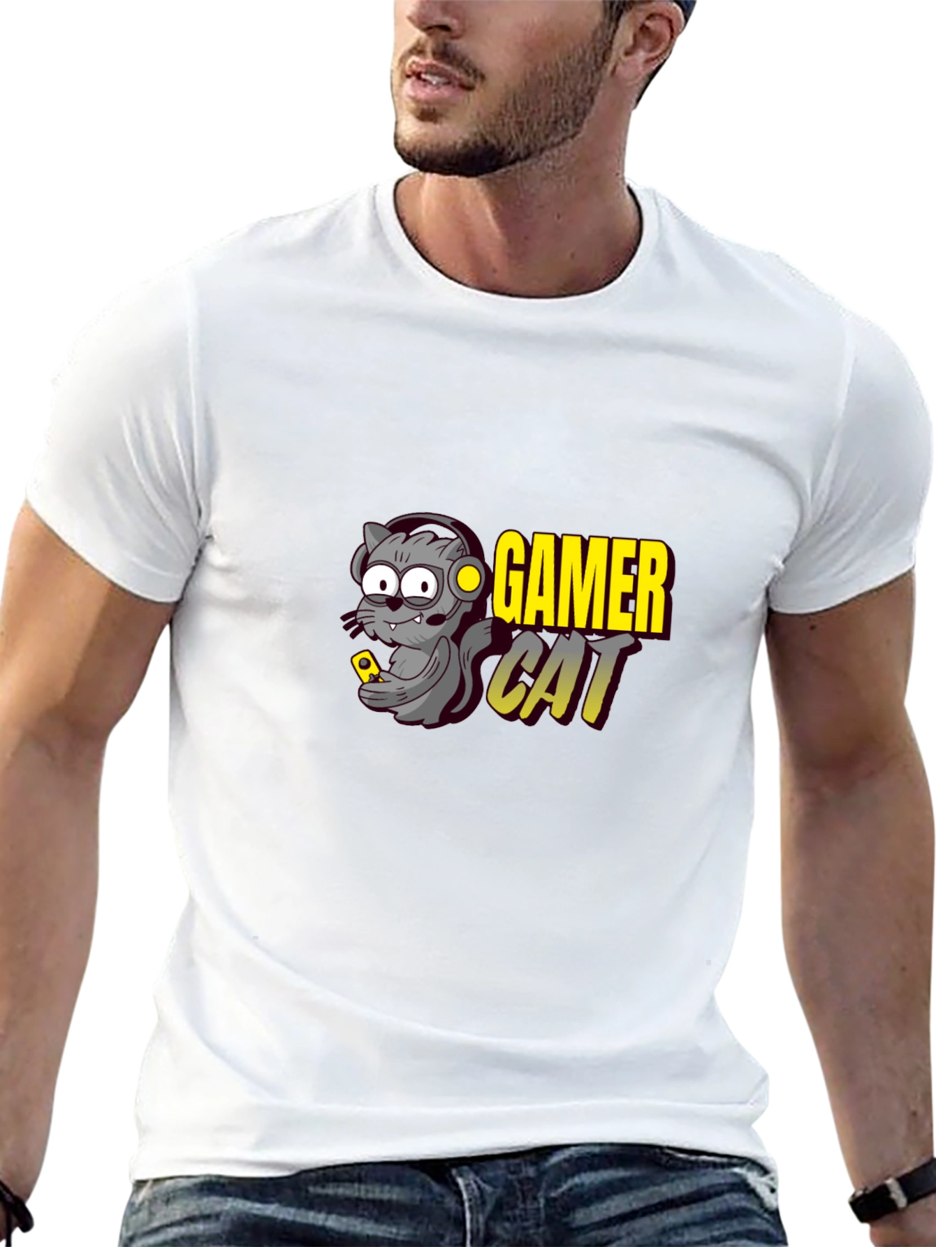 Gamer Cat Graphic T-Shirt - Black Cotton Tee