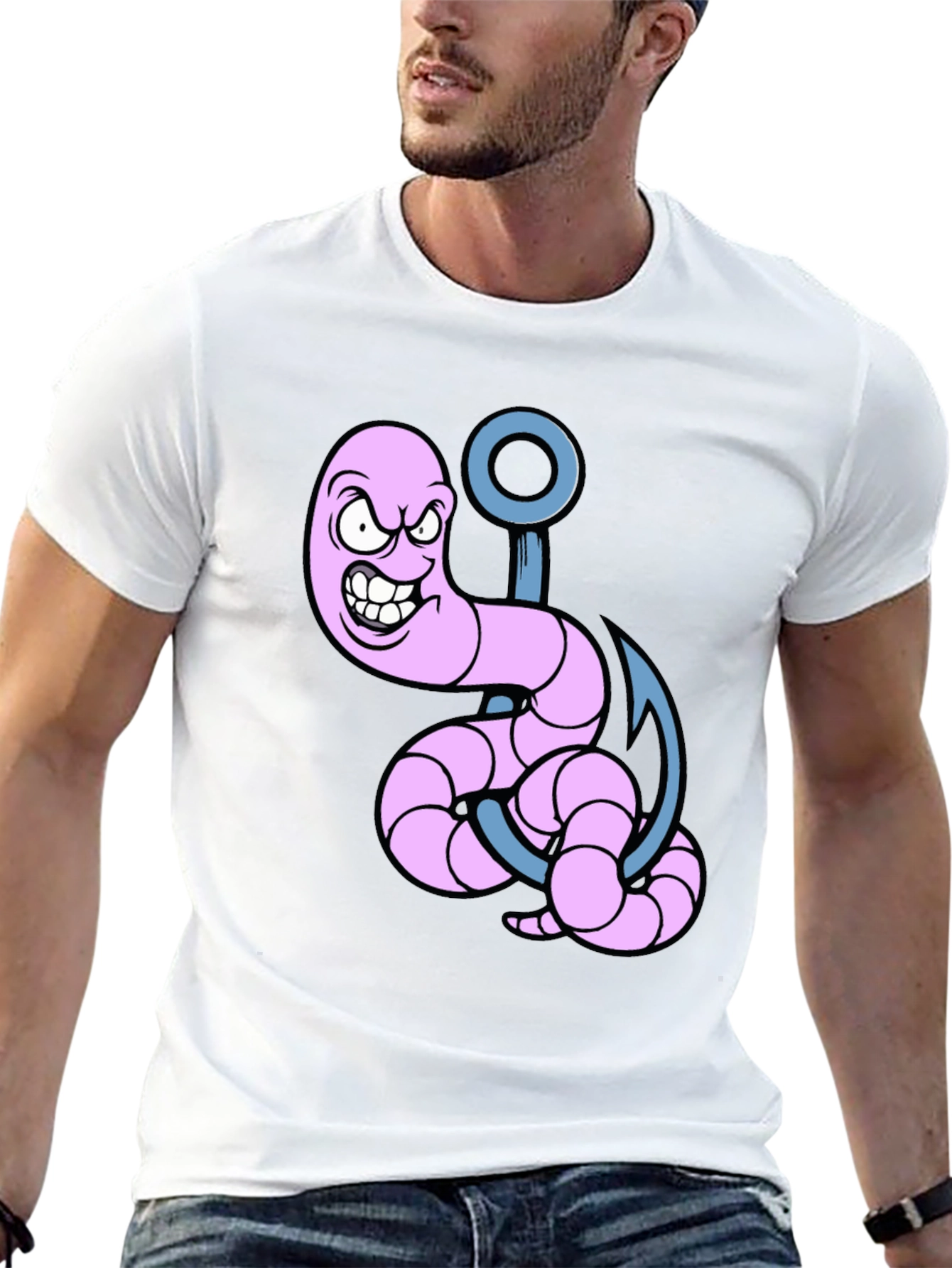 Cartoon Worm on Hook Graphic Tee - Black