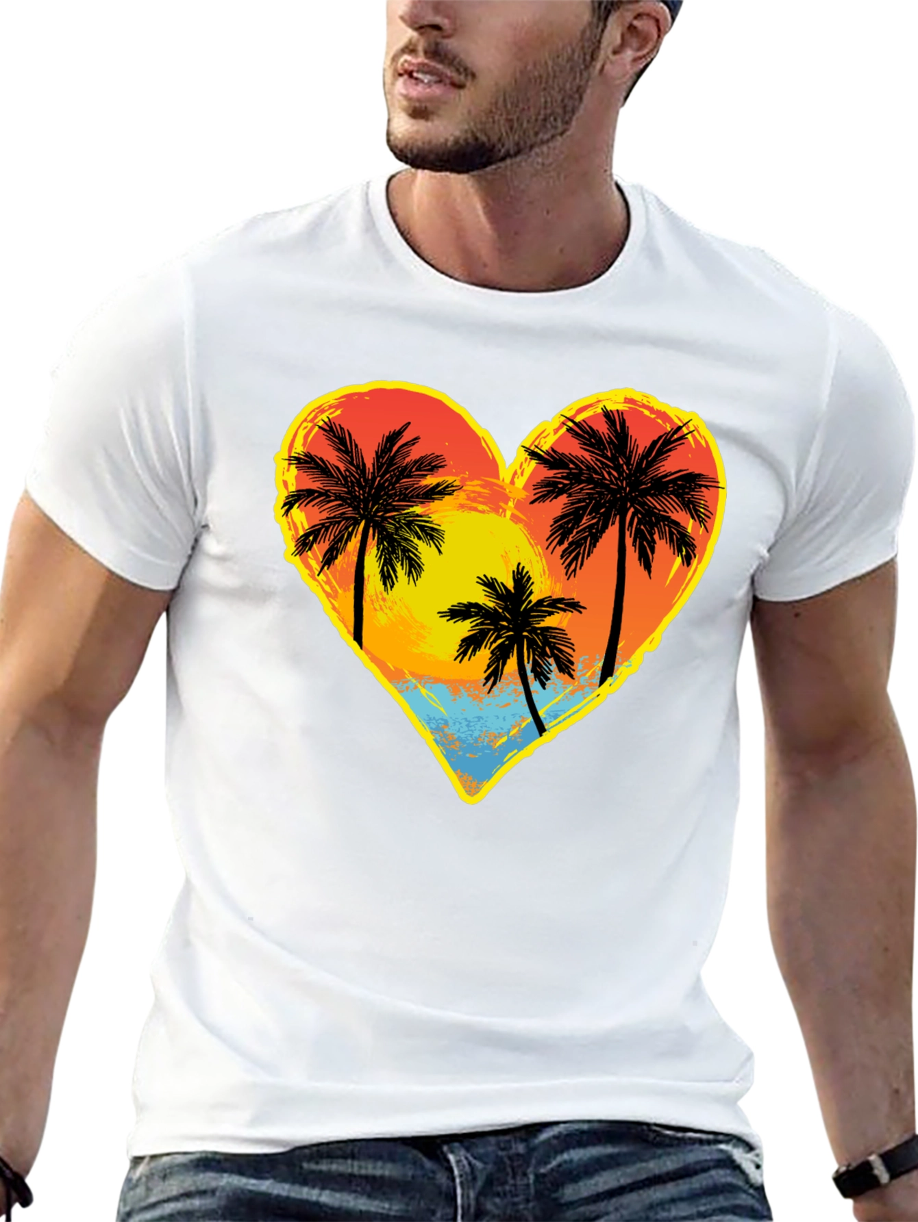 Palm Tree Heart Graphic Tee - Island Sunset Vibes