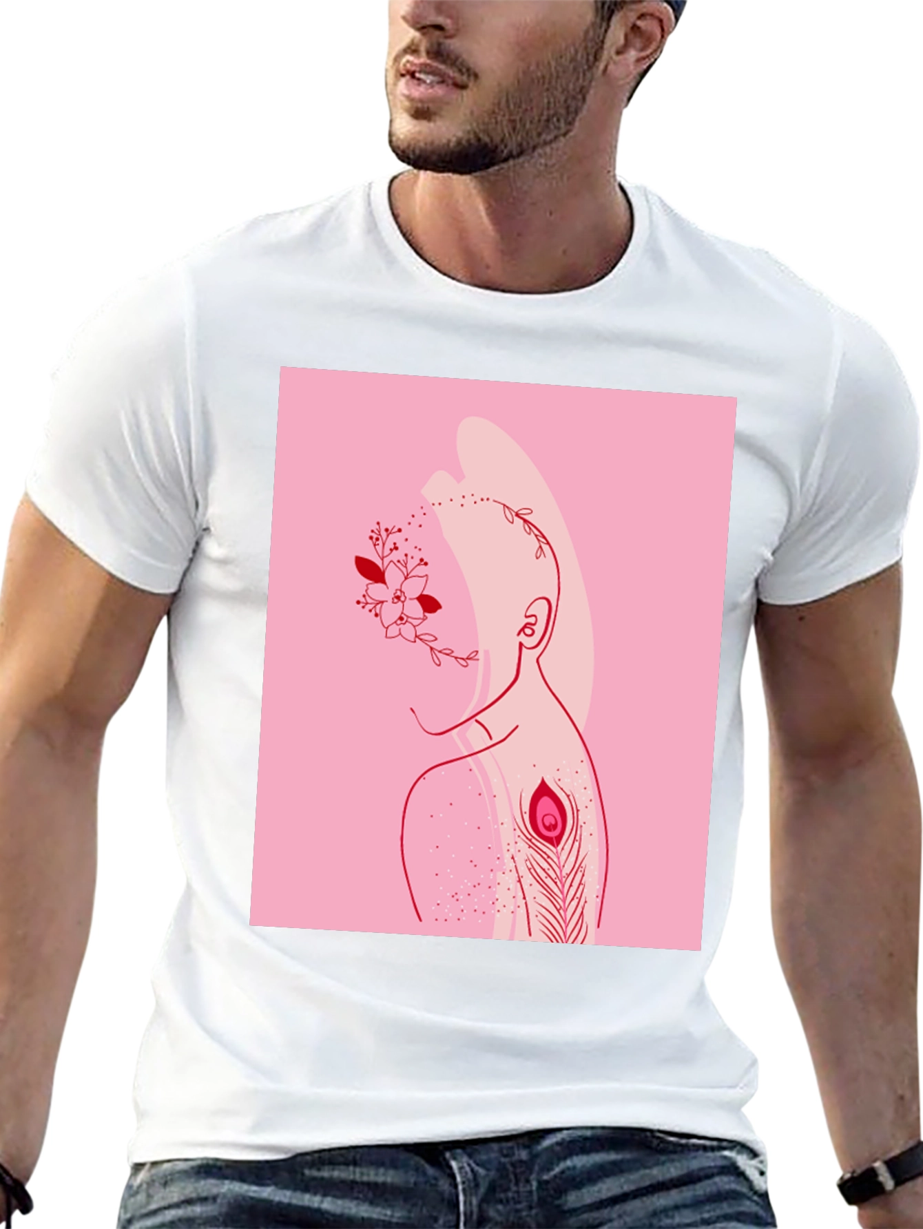 Modern Artistic T-Shirt: Floral & Peacock Design