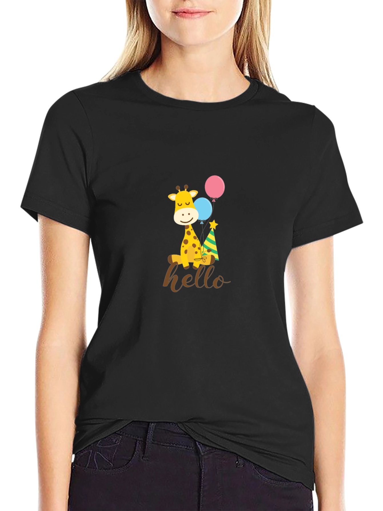 Cute Giraffe Hello Graphic Black T-Shirt