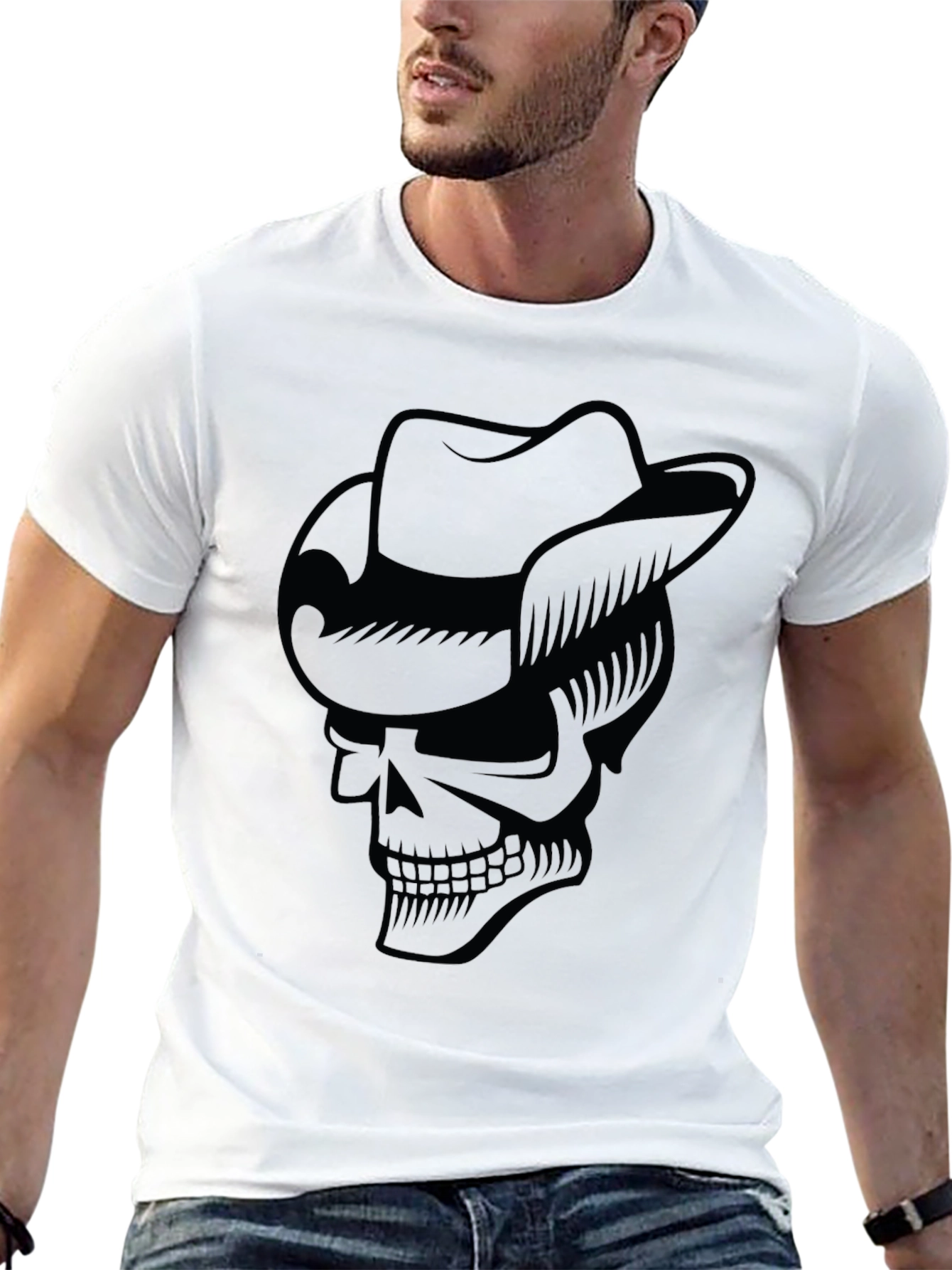 Skull Cowboy Hat Graphic T-Shirt - Cool Casual Tee