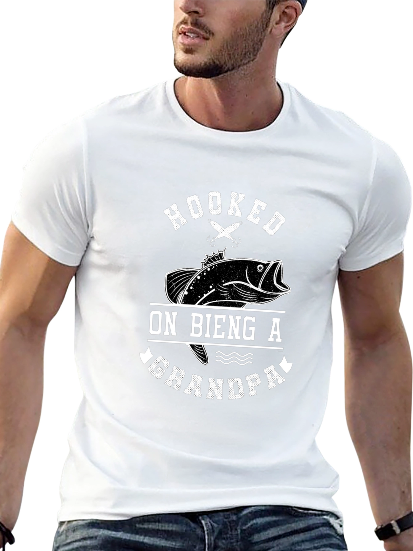 Hooked on Being a Grandpa Black Graphic T-Shirt
