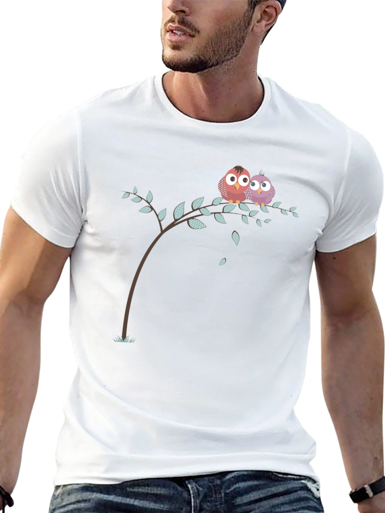 Cute Owl Couple on Branch Black T-Shirt