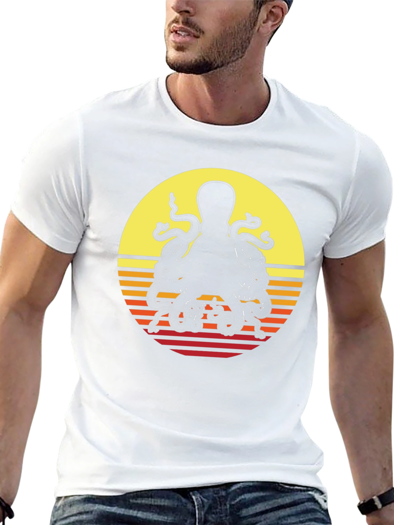 Retro Octopus Sunset Graphic T-Shirt
