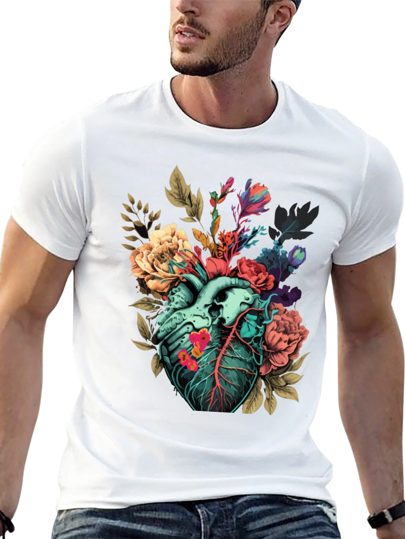Floral Heart Print T-Shirt - Unique Anatomical Art