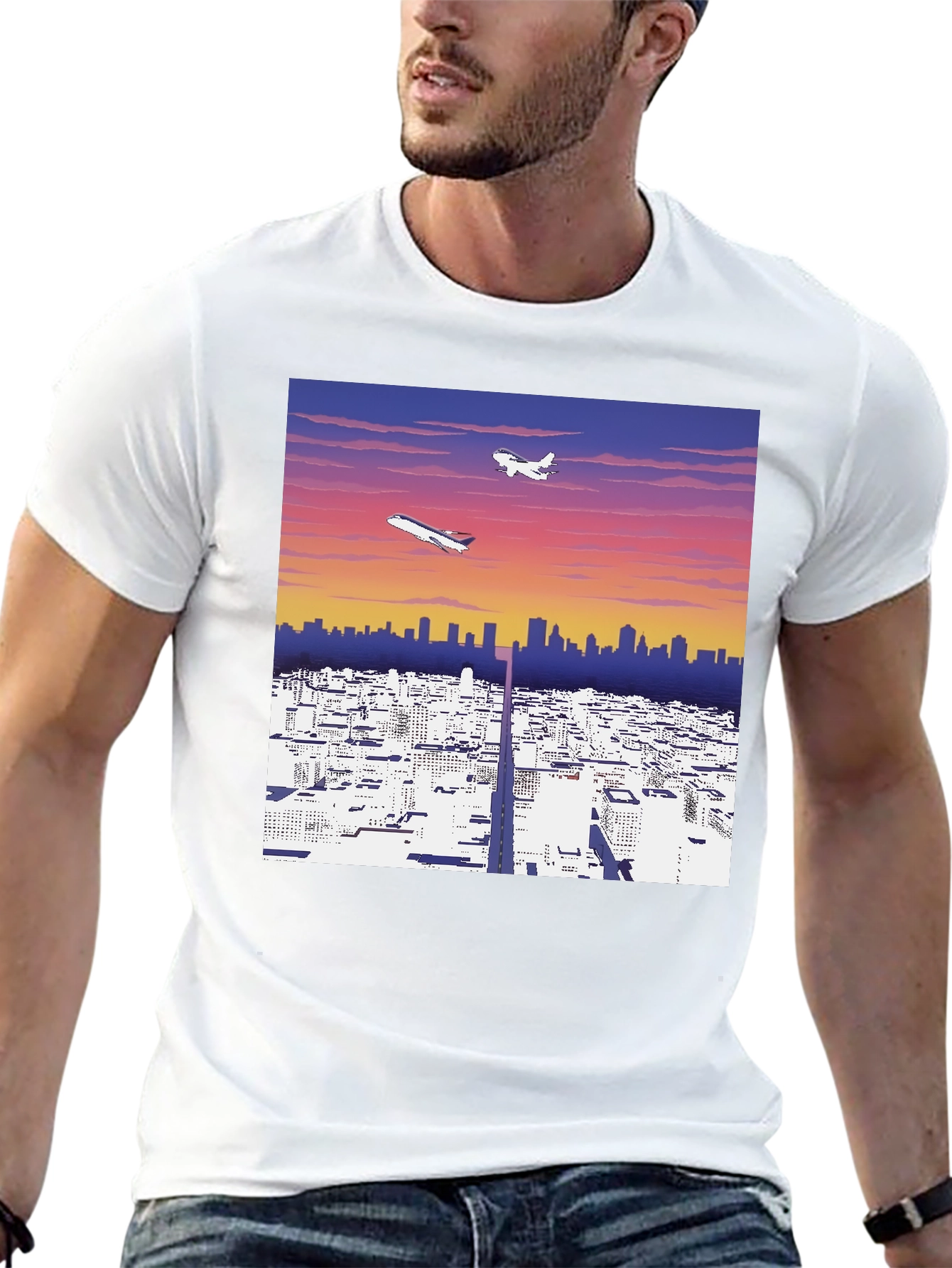 Cityscape Airplane Graphic Tee - Stylish Black T-Shirt