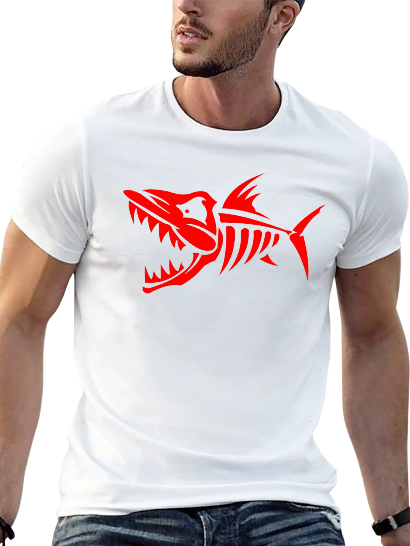 Mens Black T-Shirt with Red Shark Skeleton Design