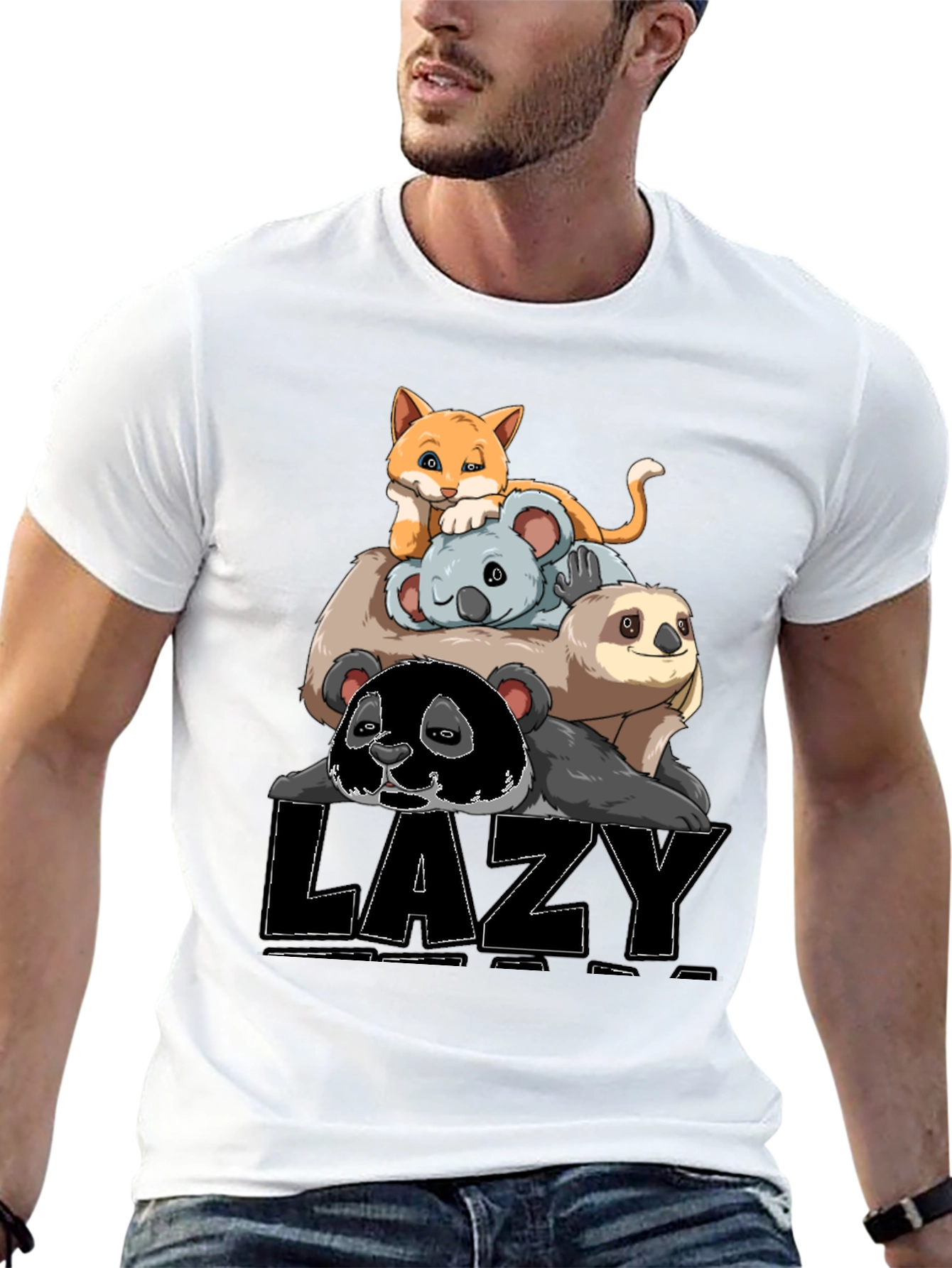 Lazy Animal Stack T-Shirt: Panda Sloth Koala Cat