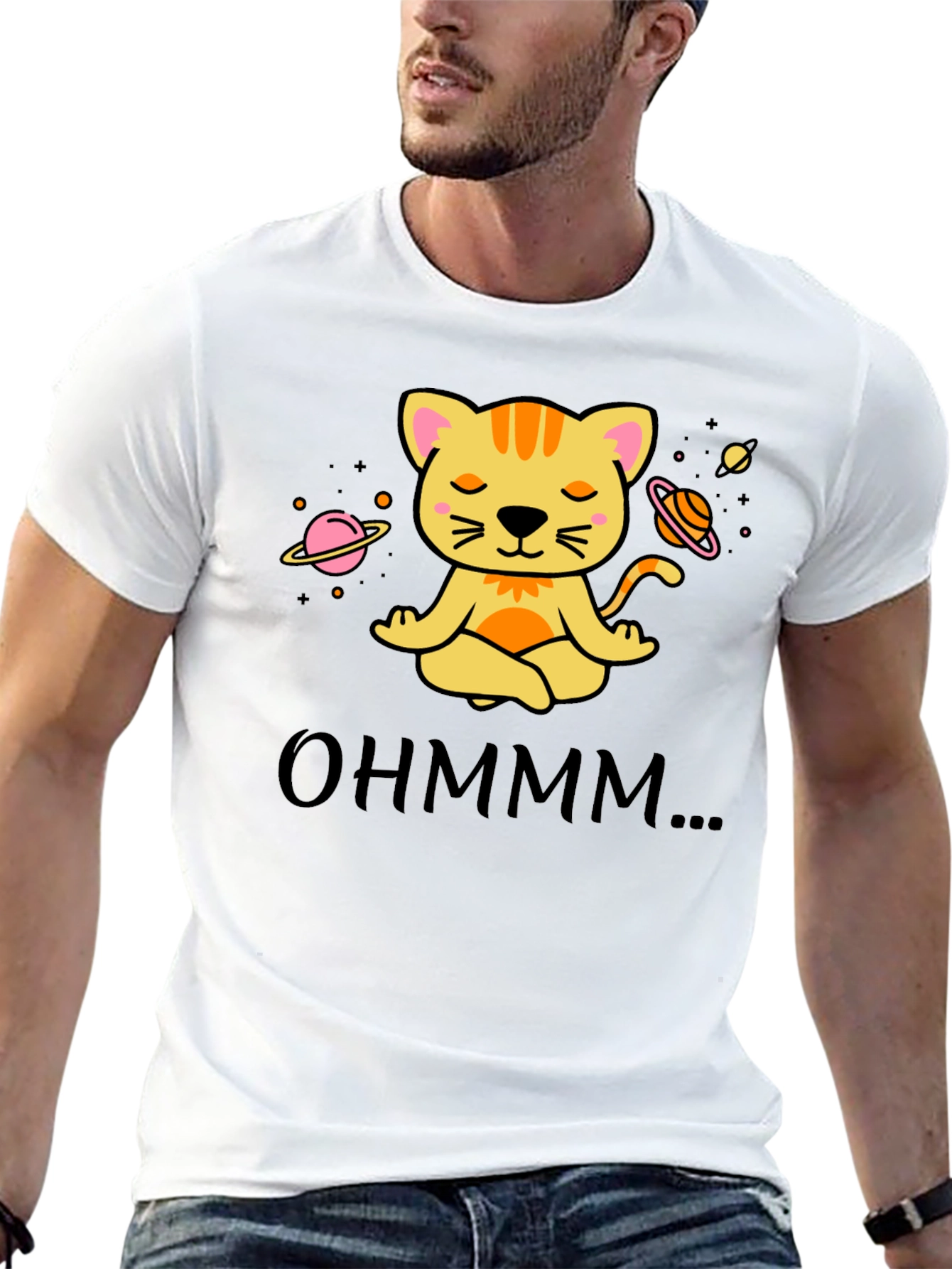 Ohm Cat T-Shirt - Meditating Space Cat Design