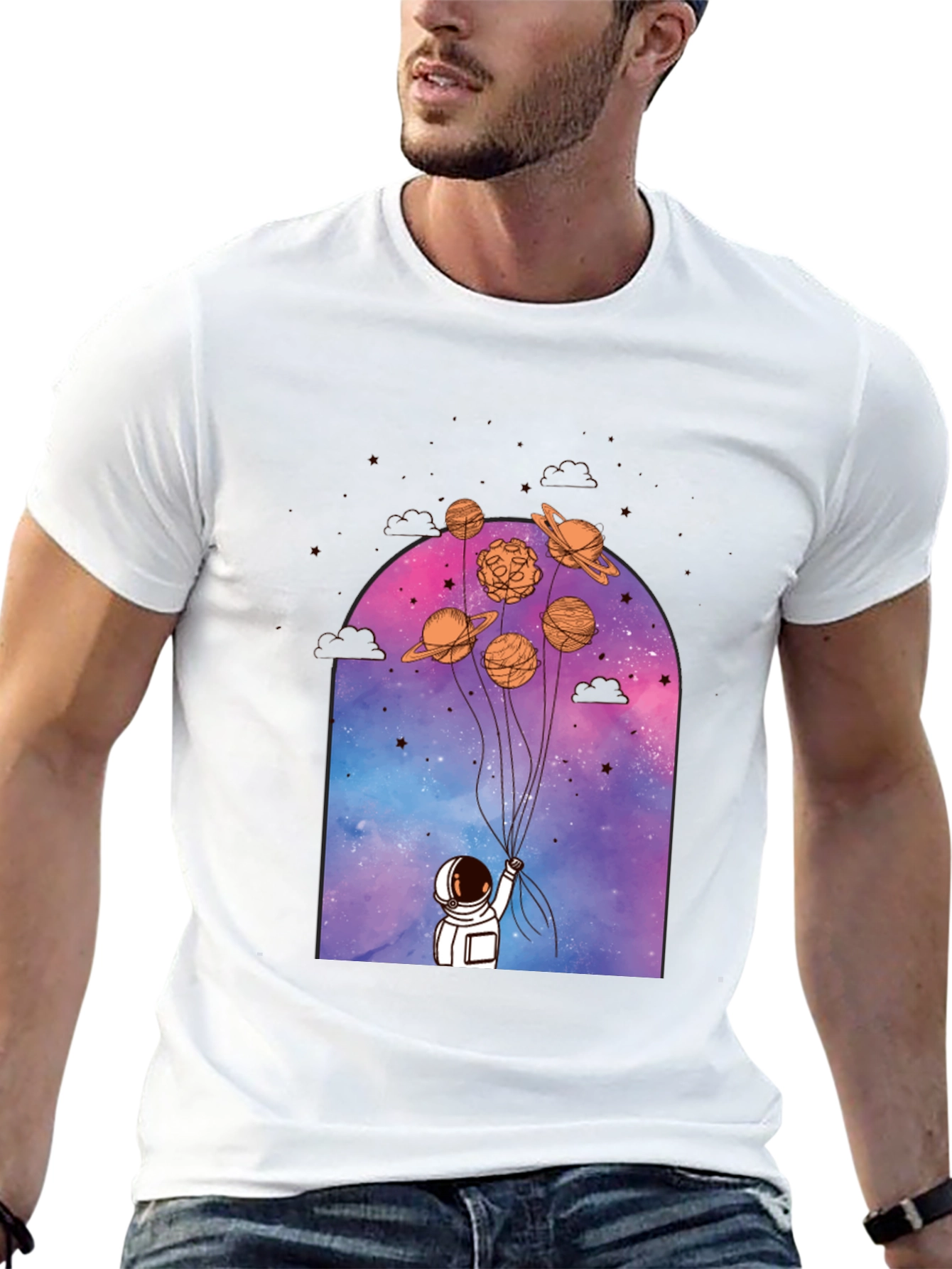 Astronaut Planet Balloons Graphic Tee - Black