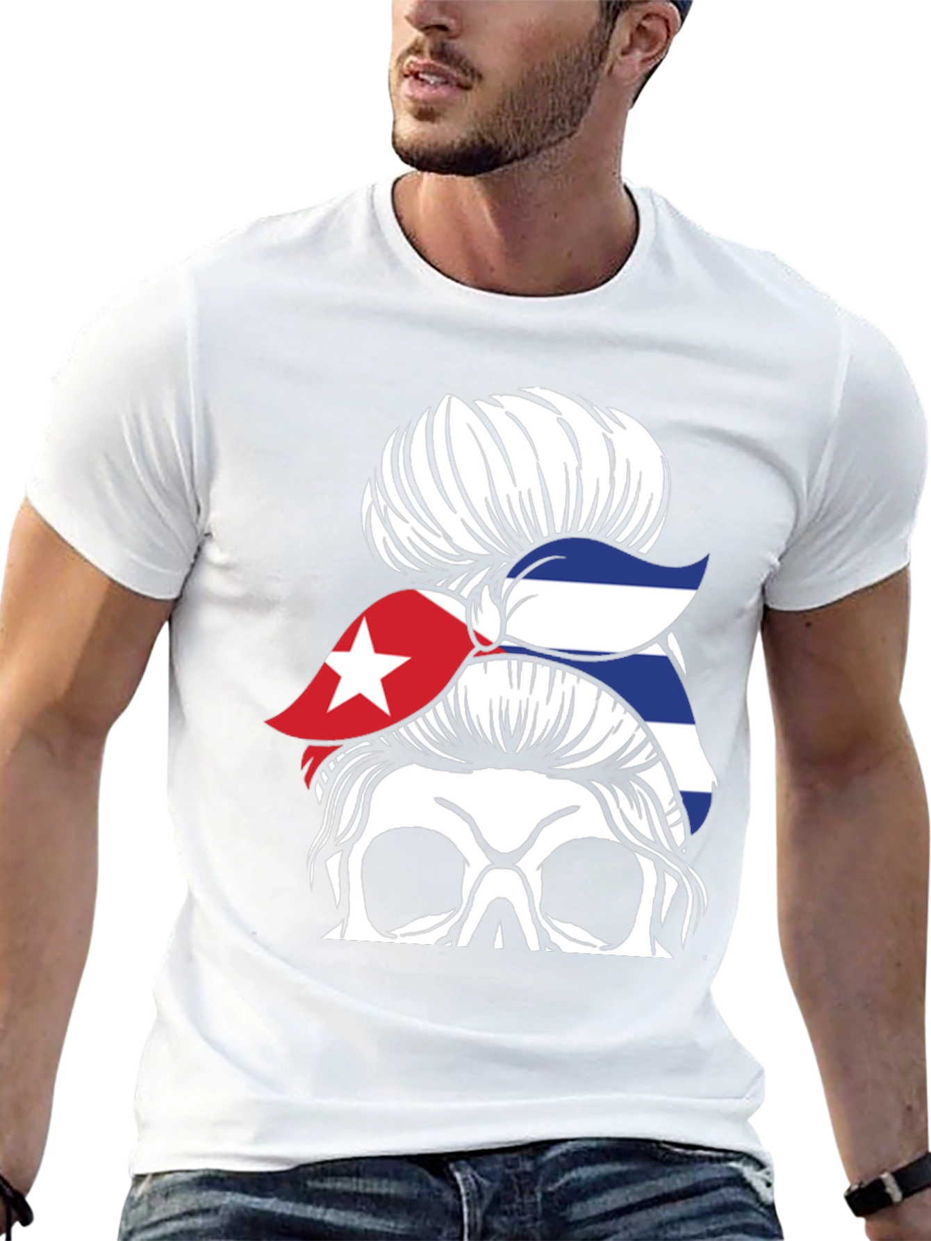 Cuban Flag Skull Messy Bun Graphic T-Shirt