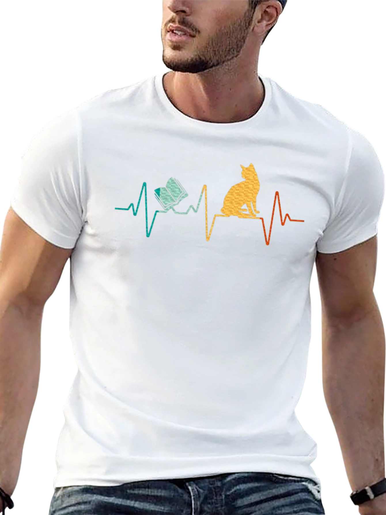 Cat & Book ECG Heartbeat T-Shirt