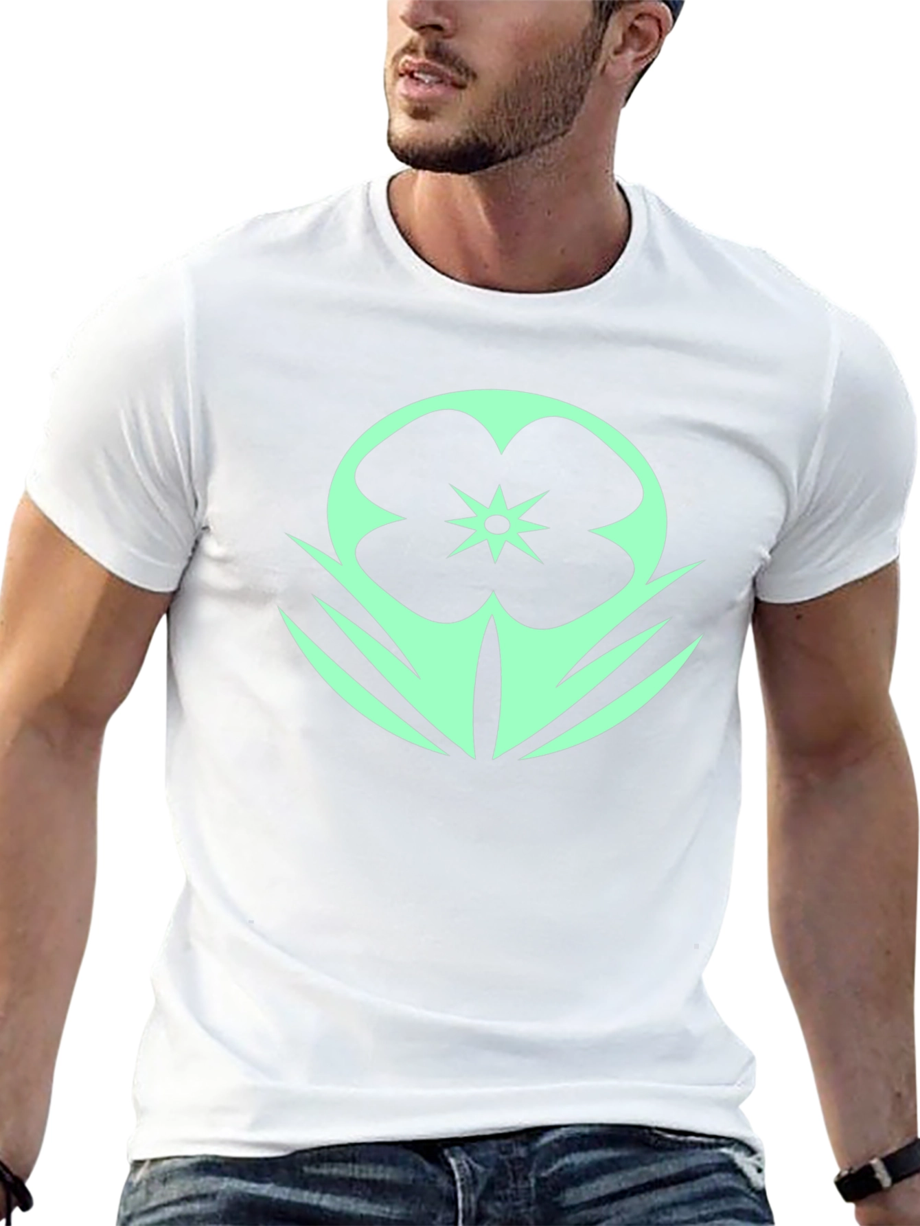 Black T-Shirt with Mint Floral Design