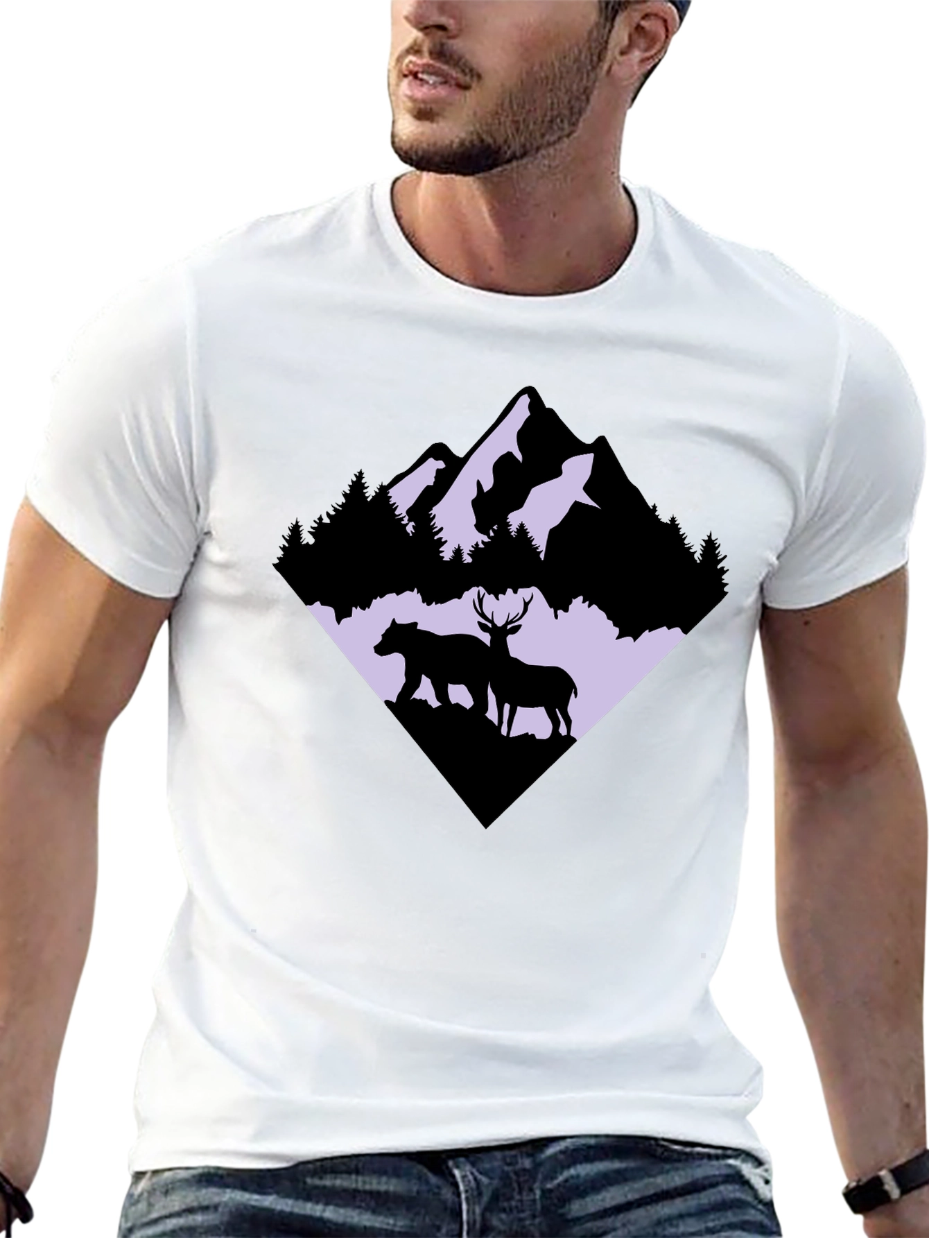 Mountain Bear & Deer Graphic Tee - Black