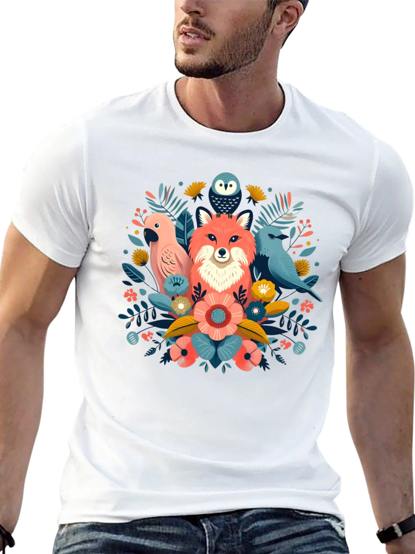Floral Fox & Birds Graphic T-Shirt