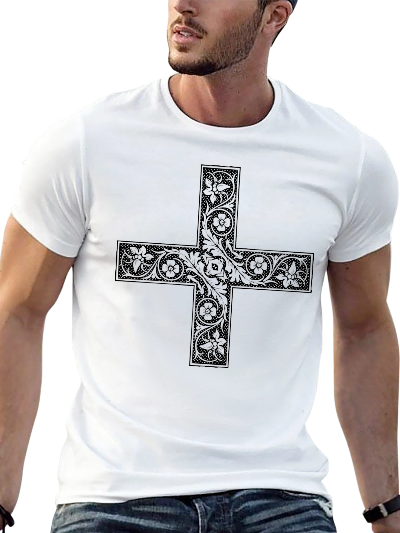 Floral Cross Graphic Black Tee