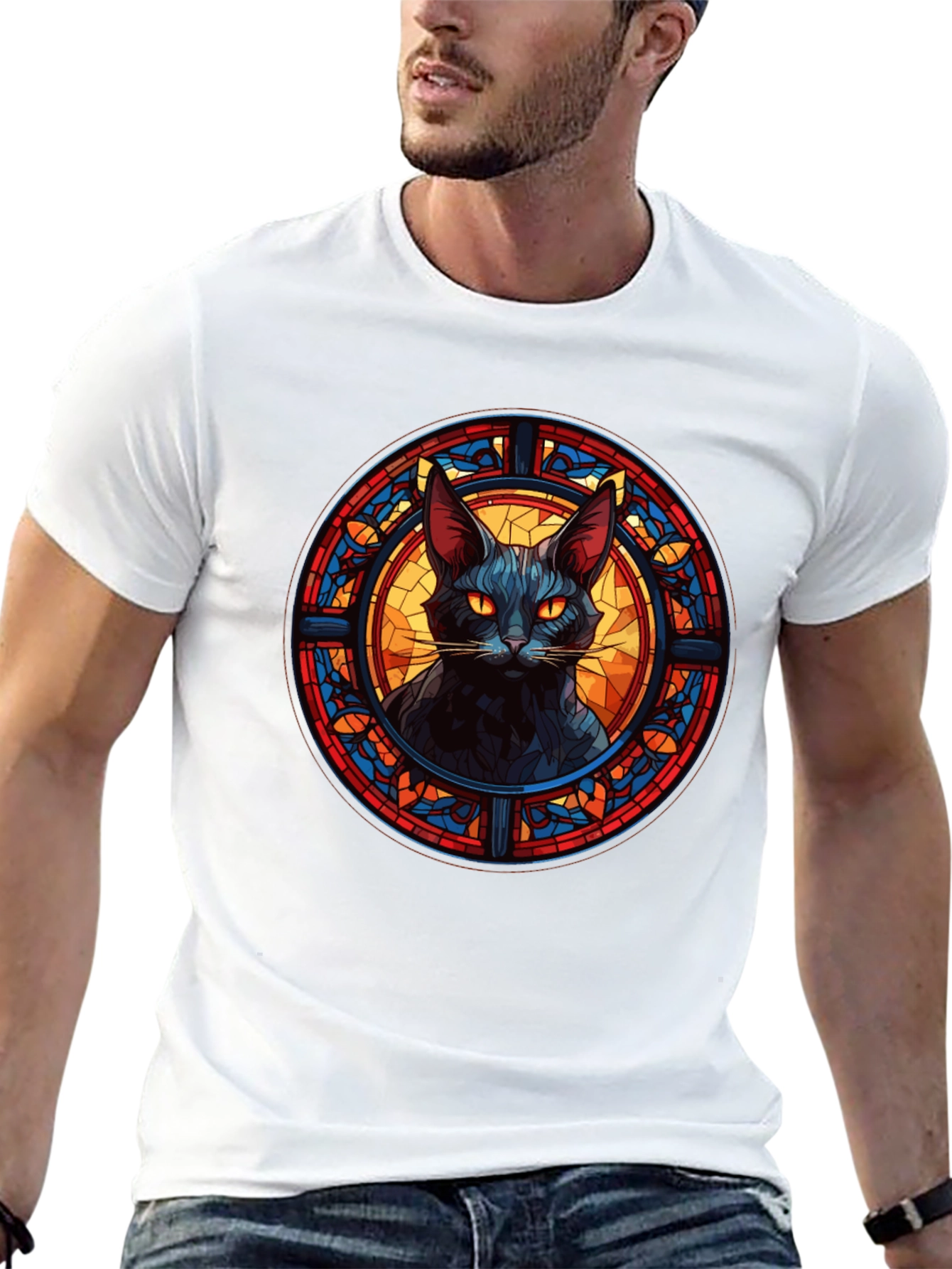 Black Cat Stained Glass Style Graphic Tee