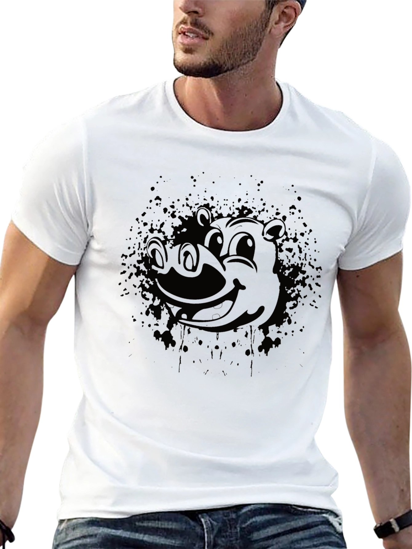 Mens Black Graphic Tee - Cartoon Hippo Design