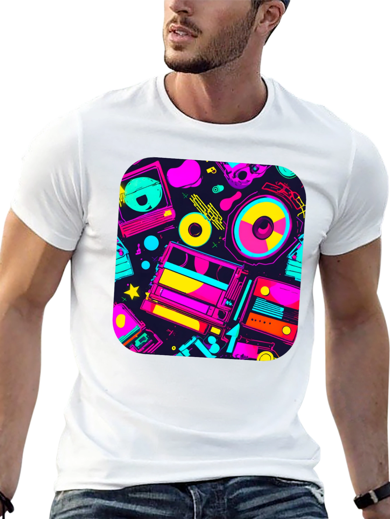 Retro 80s Music Print Black T-Shirt