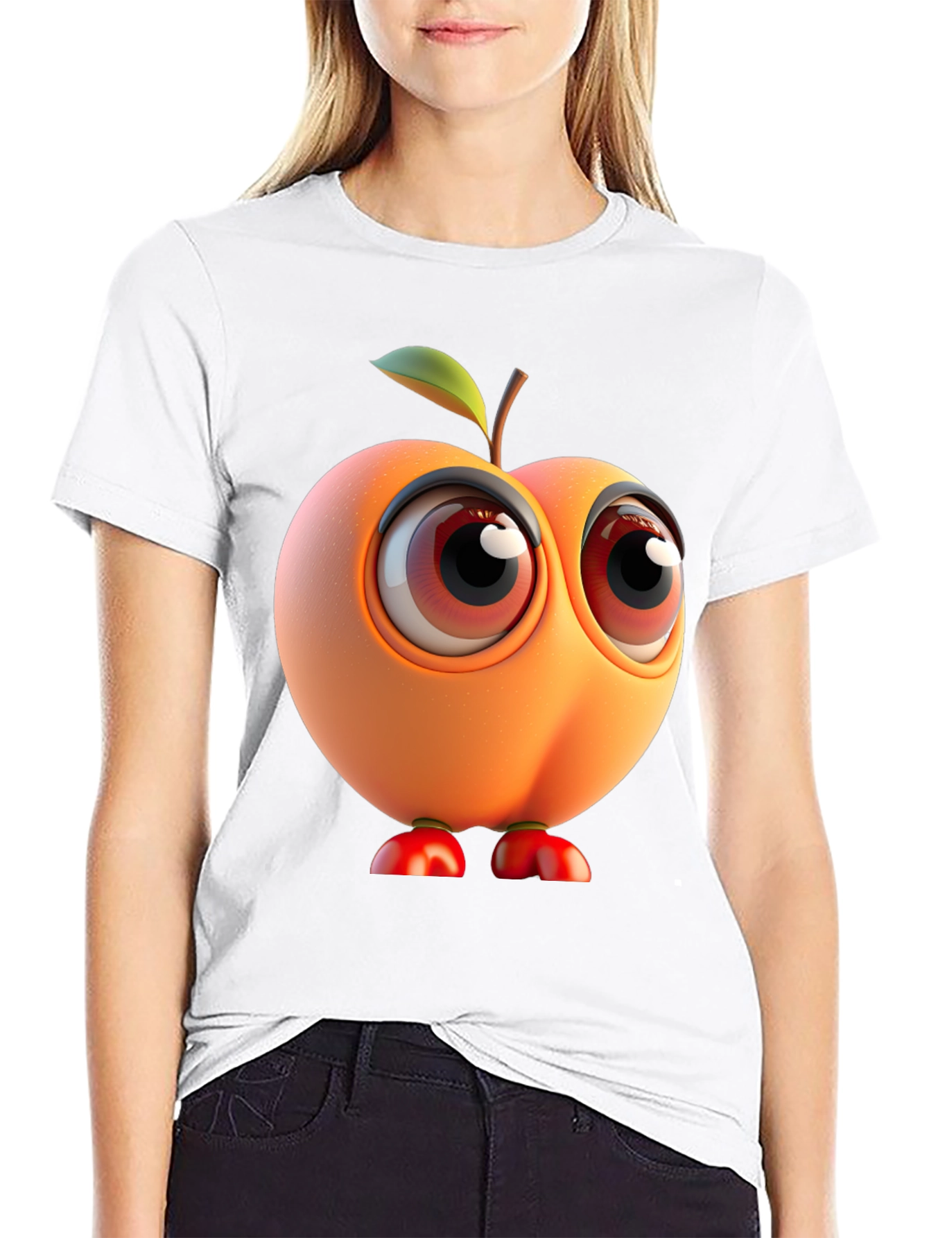 Cartoon Peach Character Black T-Shirt