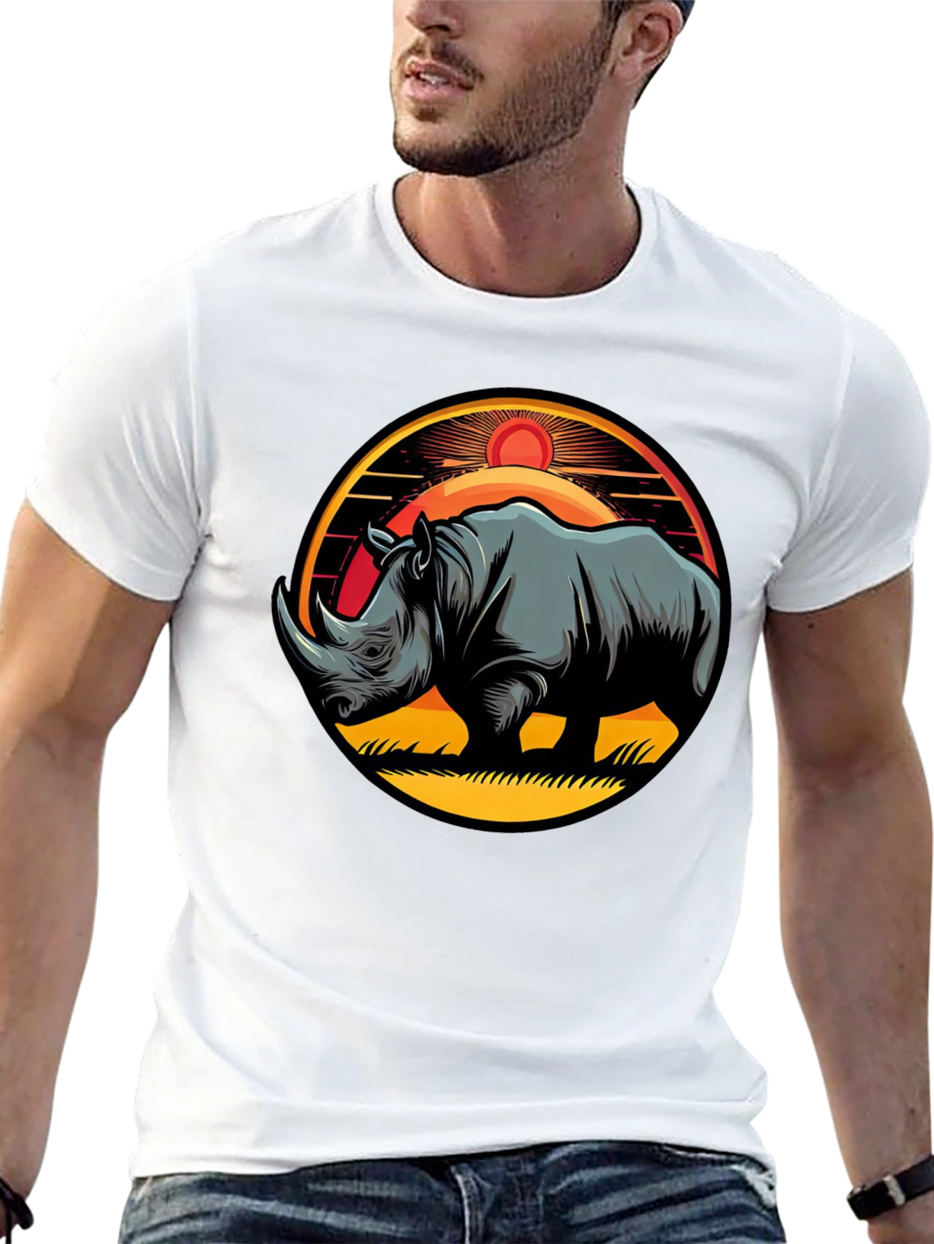 Rhino Sunset Graphic Tee - Stylish Mens Black T-Shirt