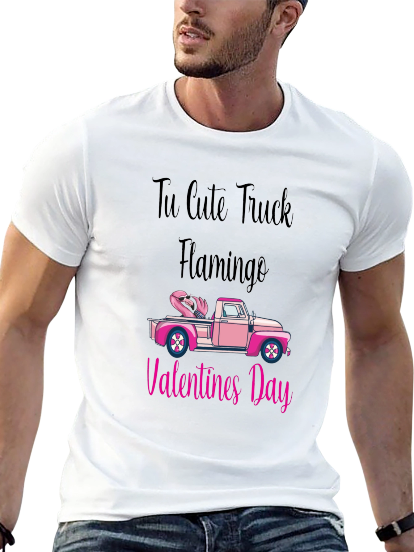 Cute Truck Flamingo Valentines Day Black T-Shirt