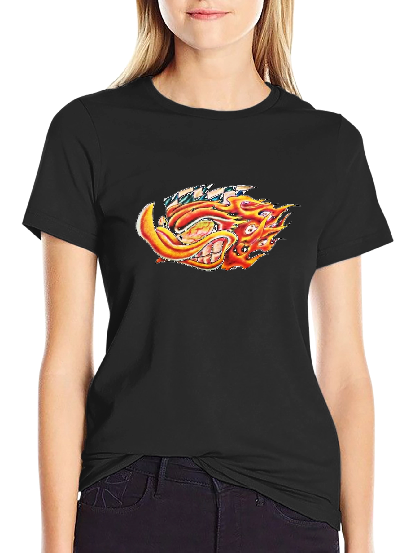 Fiery Cartoon Graphic Black T-Shirt