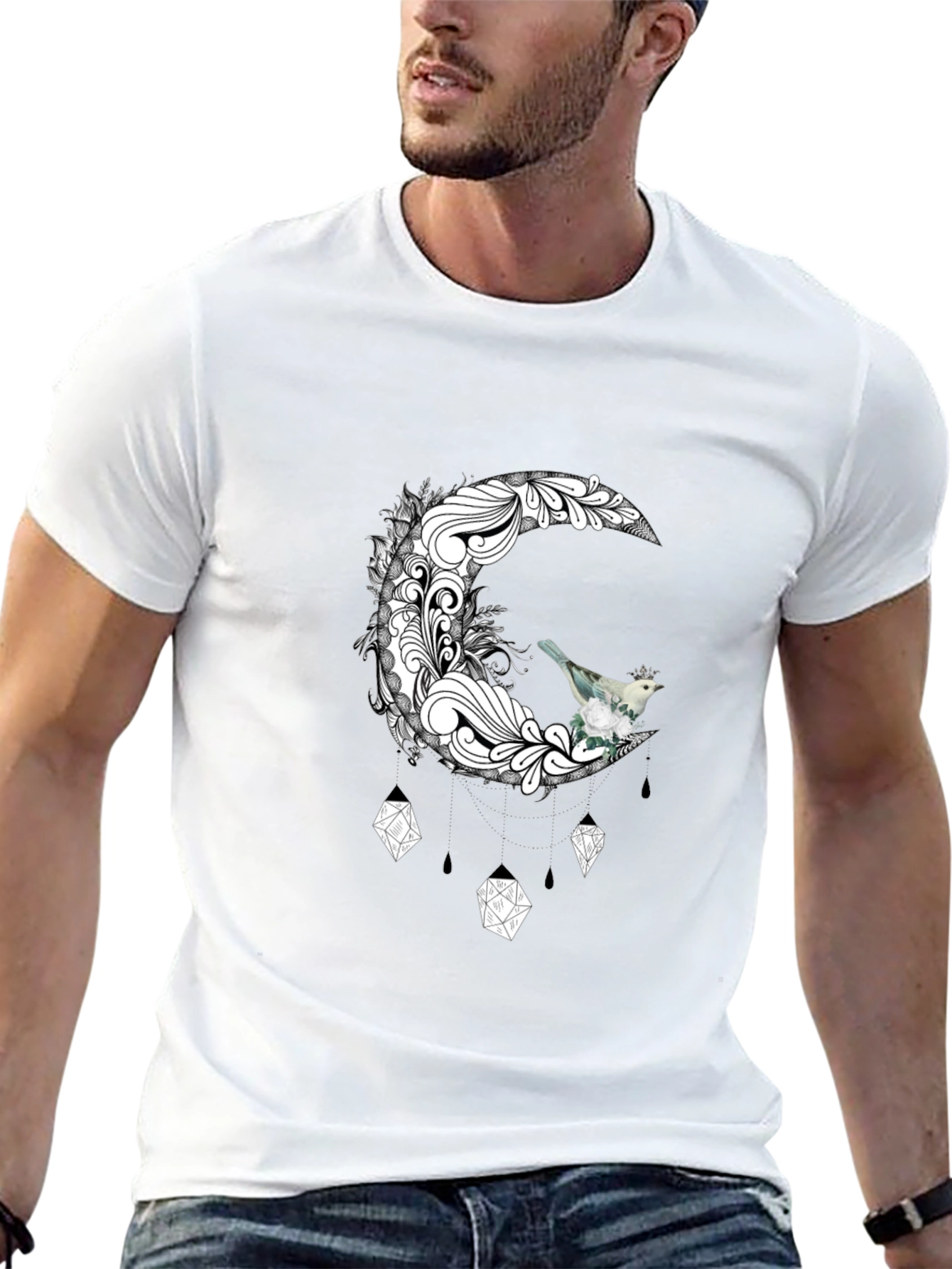 Black T-Shirt with Moon and Bird Graphic