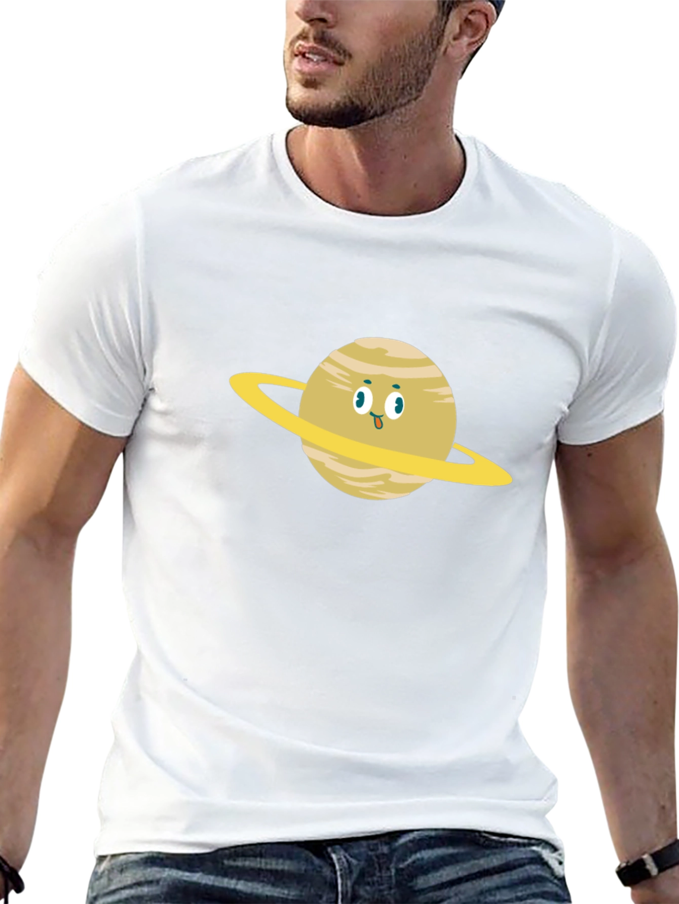 Saturn Cartoon Graphic T-Shirt - Black