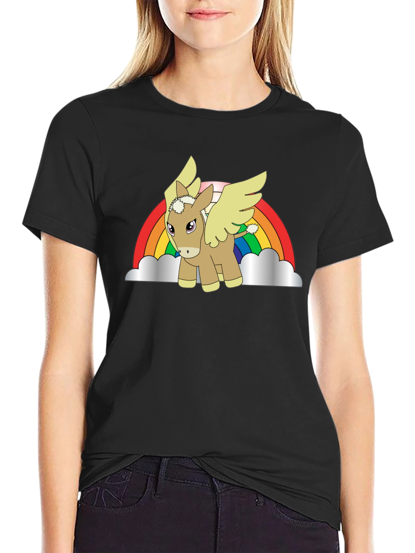 Rainbow Donkey Pegasus Black T-Shirt