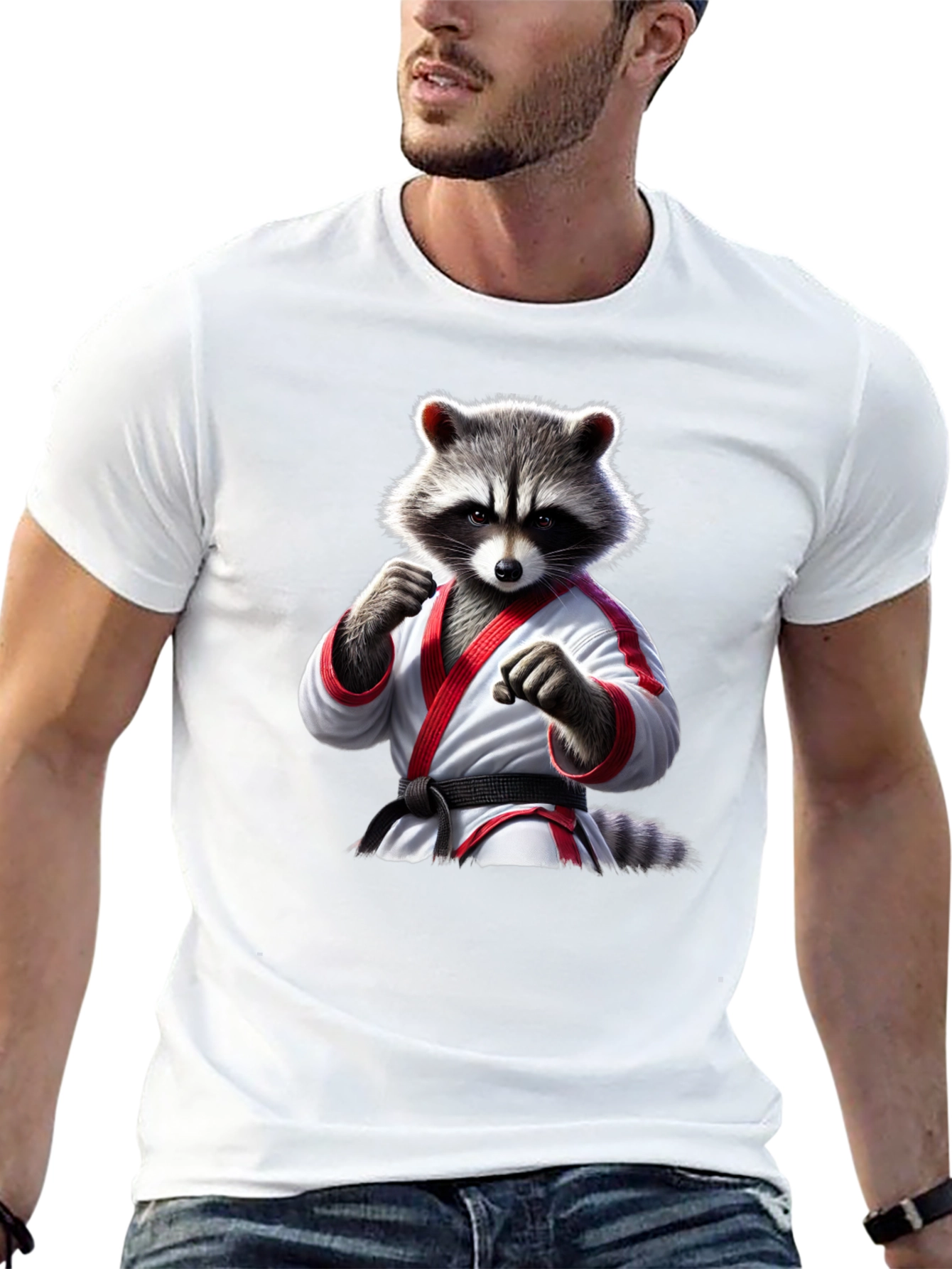 Karate Raccoon Graphic T-Shirt - Black Cotton Tee