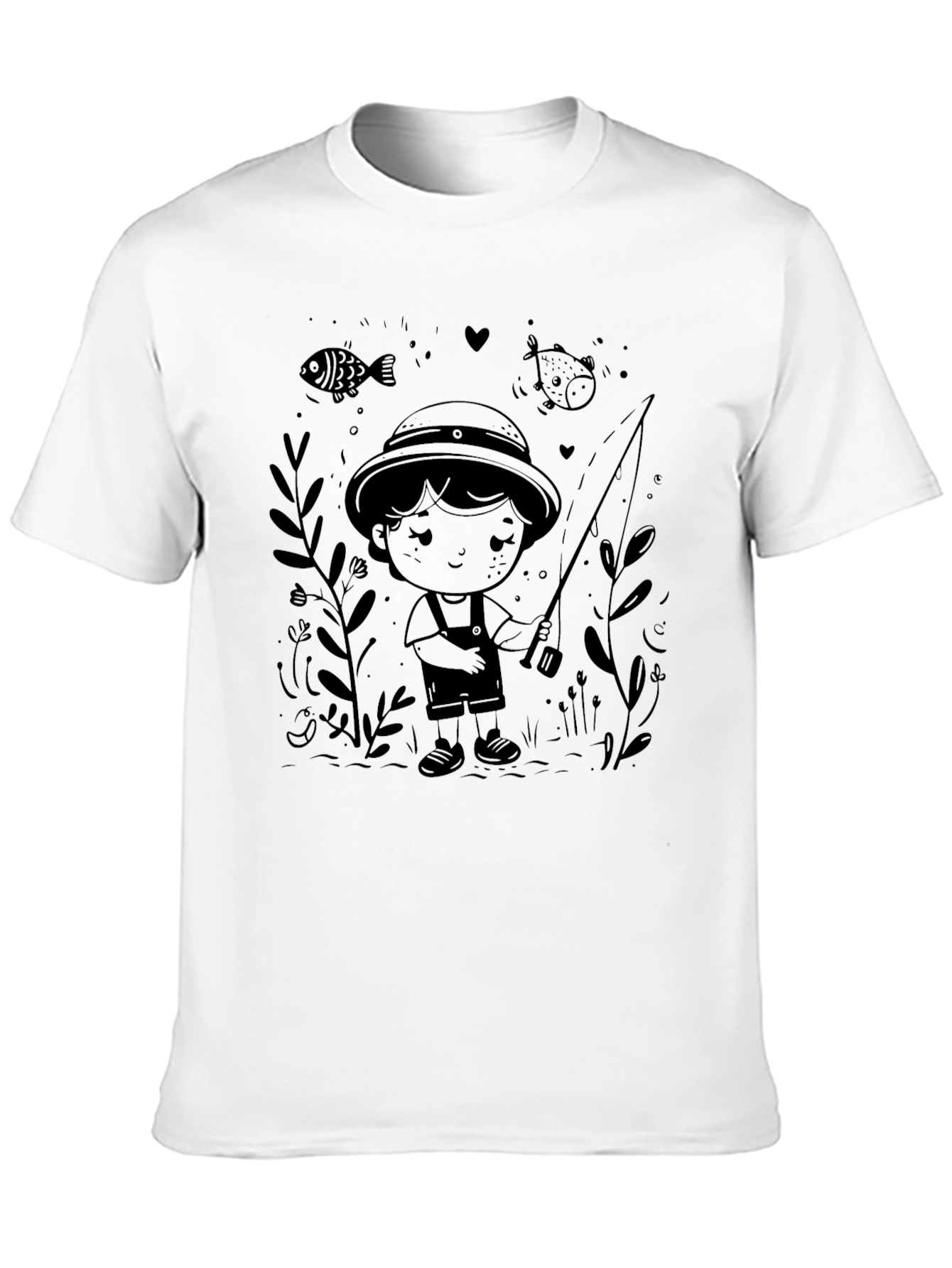 Boy Fishing Graphic Tee - Black Casual T-Shirt