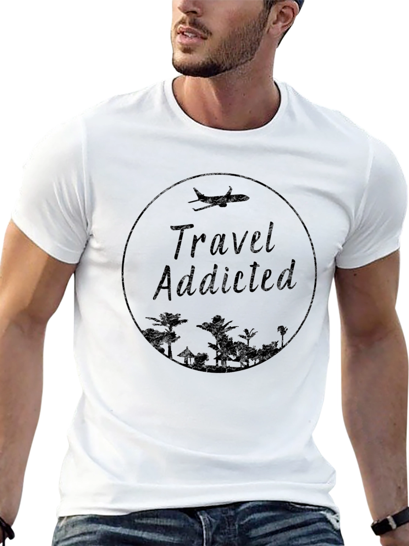 Travel Addicted Graphic Print Crew Neck Tee