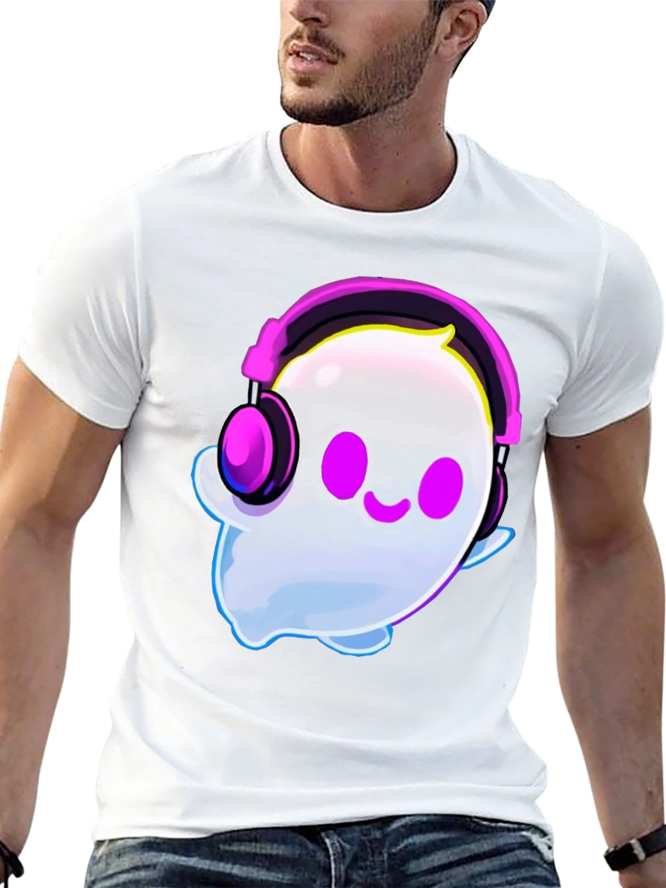 Cute Ghost with Headphones Graphic T-Shirt