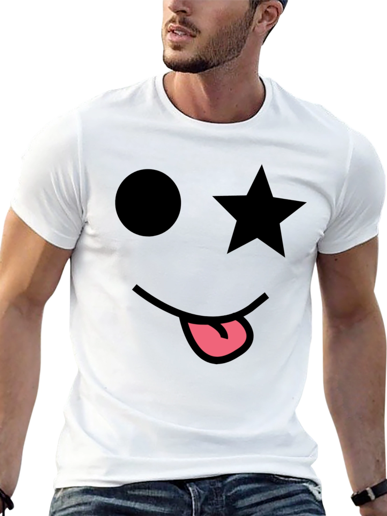 Whimsical Face Graphic Tee - Star Eye Black T-Shirt
