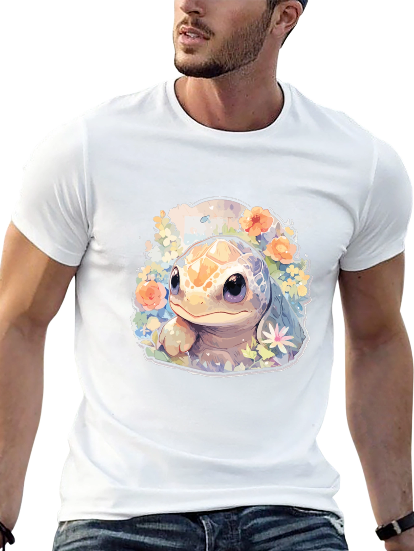 Cute Turtle Graphic Tee - Black Cotton T-Shirt