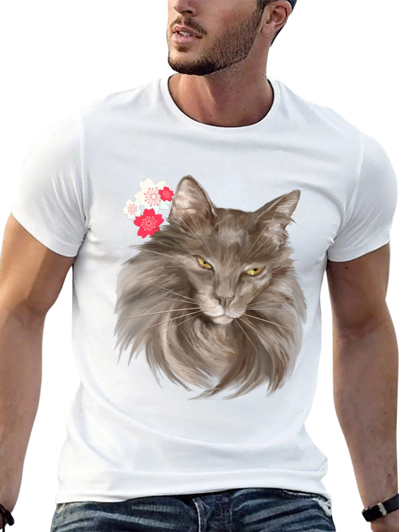 Cat & Cherry Blossom Graphic Tee - Trendy Style