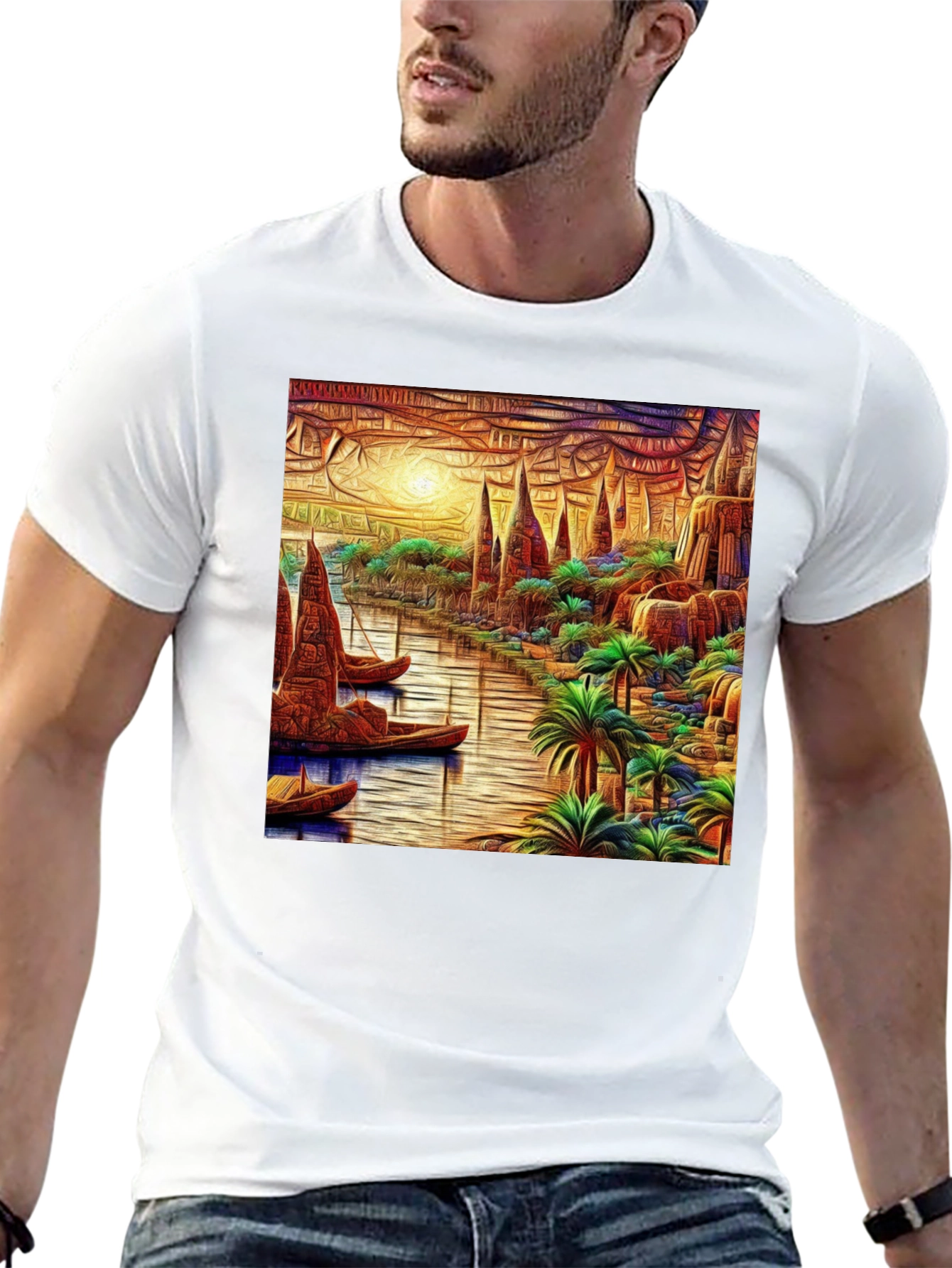 River Cityscape Graphic Tee - Black Cotton Casual Shirt