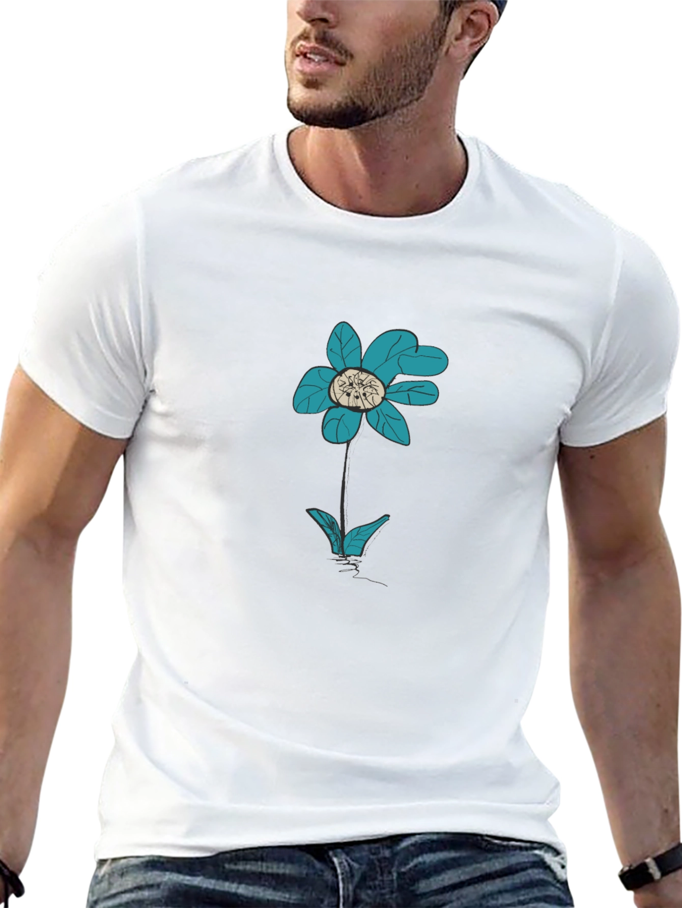 Black T-Shirt with Teal Flower Graphic