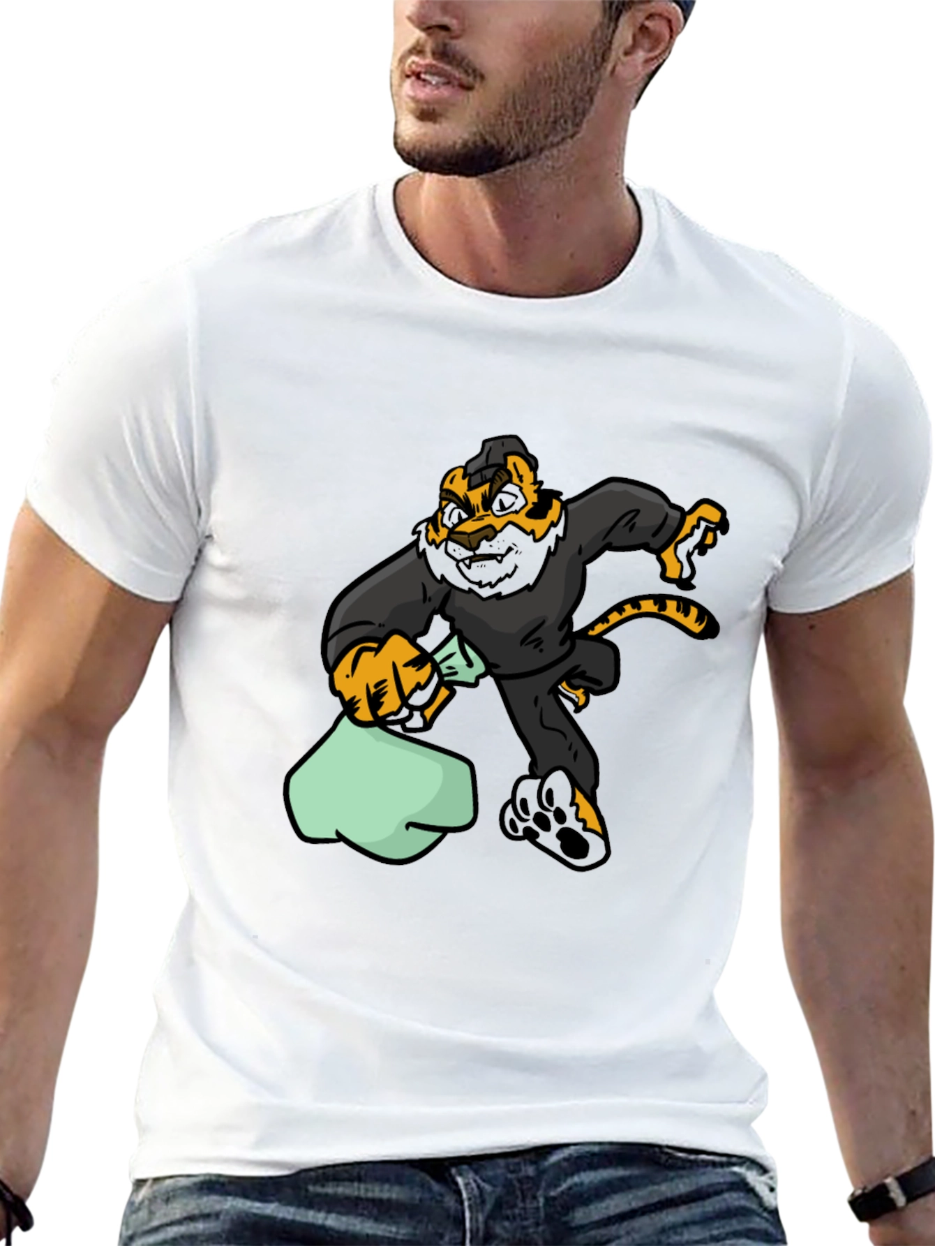 Cartoon Tiger Thief Graphic Tee - Black Cotton T-Shirt
