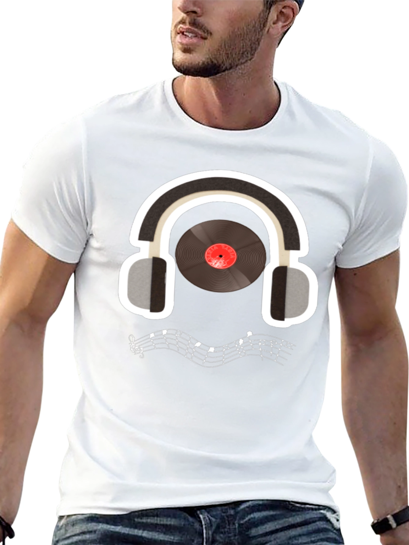 Music Lover T-Shirt: Headphones & Vinyl Design