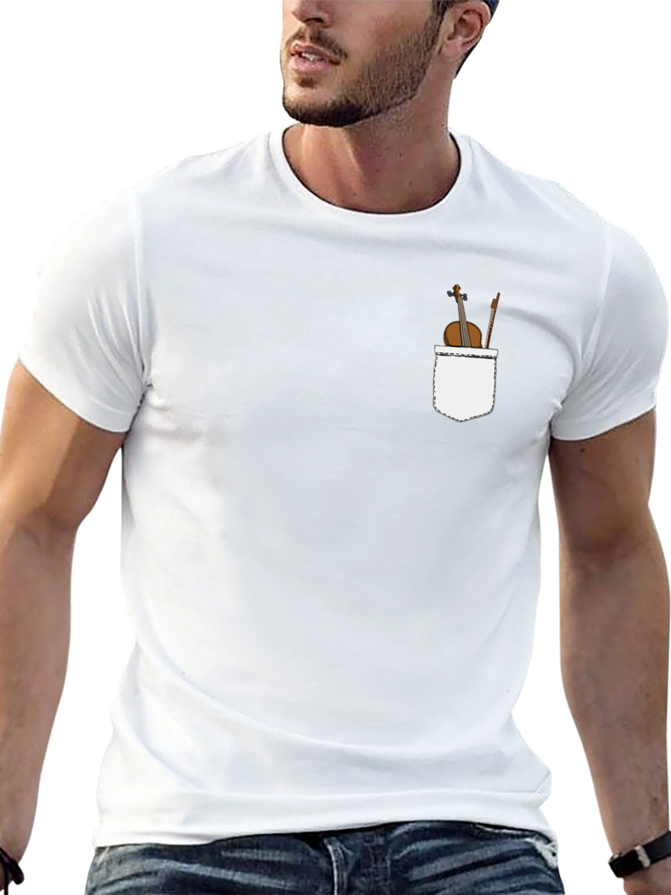 Violin Pocket Print Black T-Shirt
