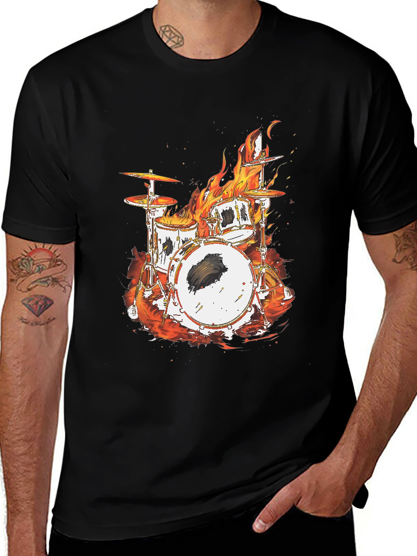 Flaming Drum Set Black T-Shirt