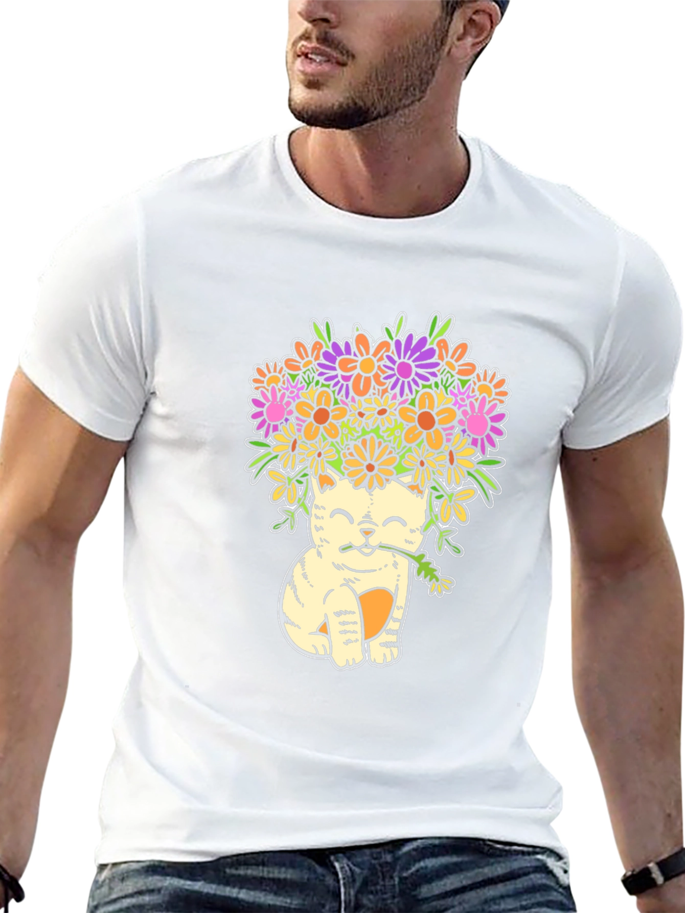 Cat with Flowers Graphic T-Shirt