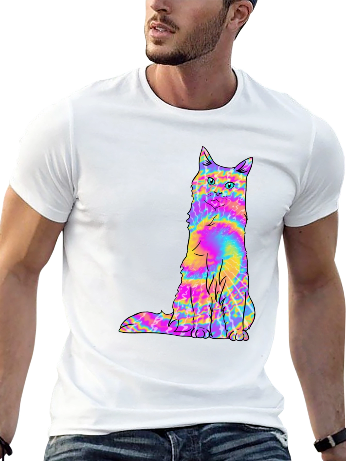 Psychedelic Tie-Dye Cat Graphic Black Tee