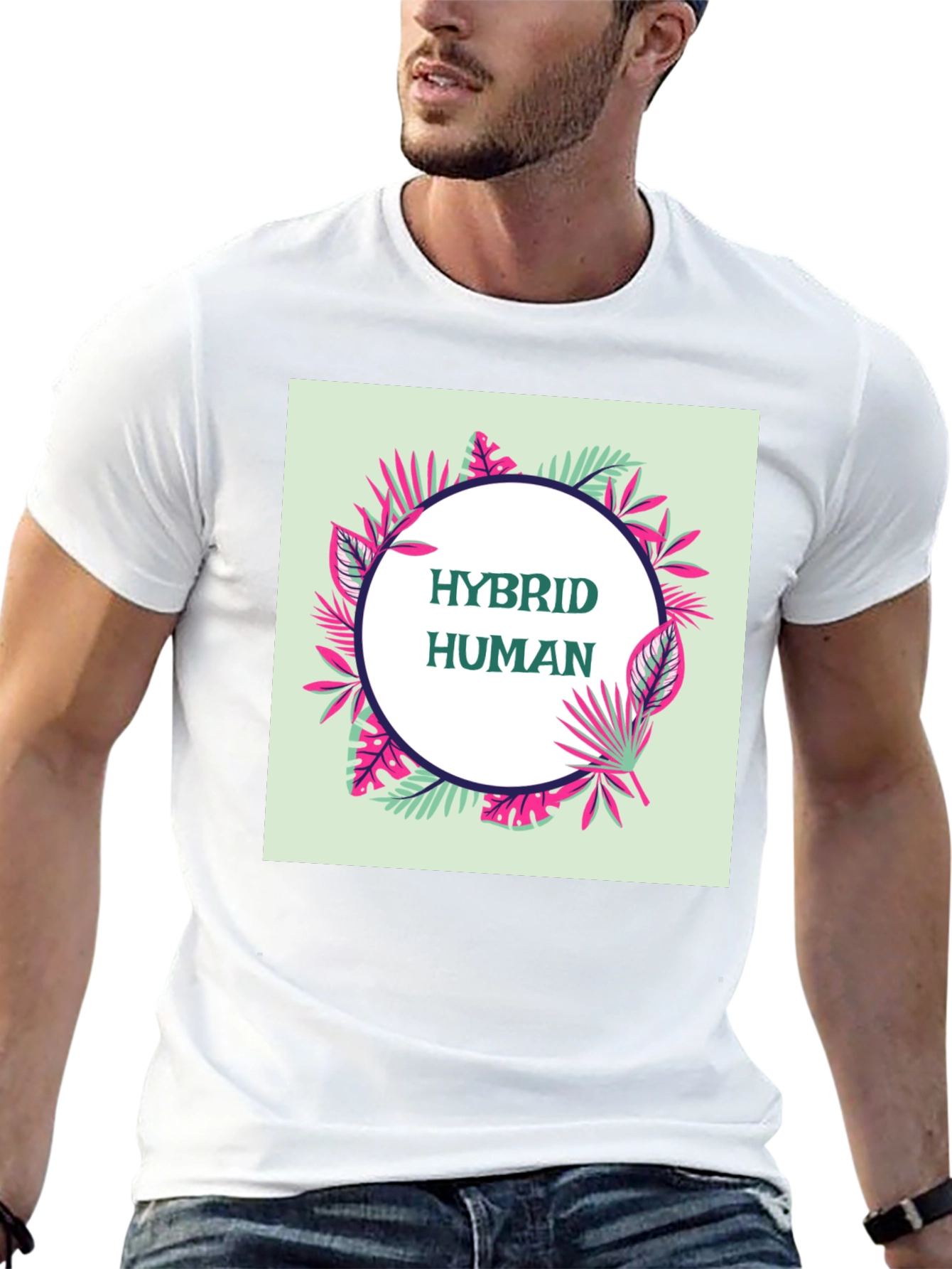 Hybrid Human Graphic Tee - Tropical Leaf Design
